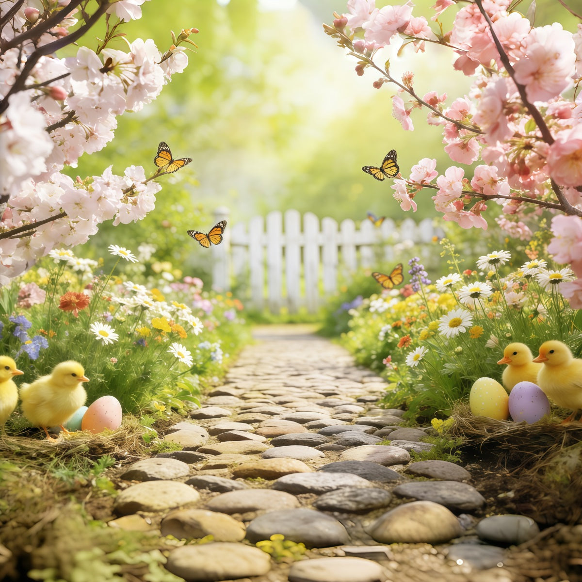 Marshmallow Chick Backdrop Cherry Blossom Garden Path Easter Photography Backdrop UK CSH63-20