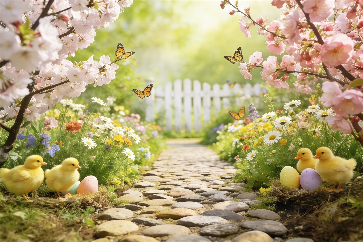 Marshmallow Chick Backdrop Cherry Blossom Garden Path Easter Photography Backdrop UK CSH63-20
