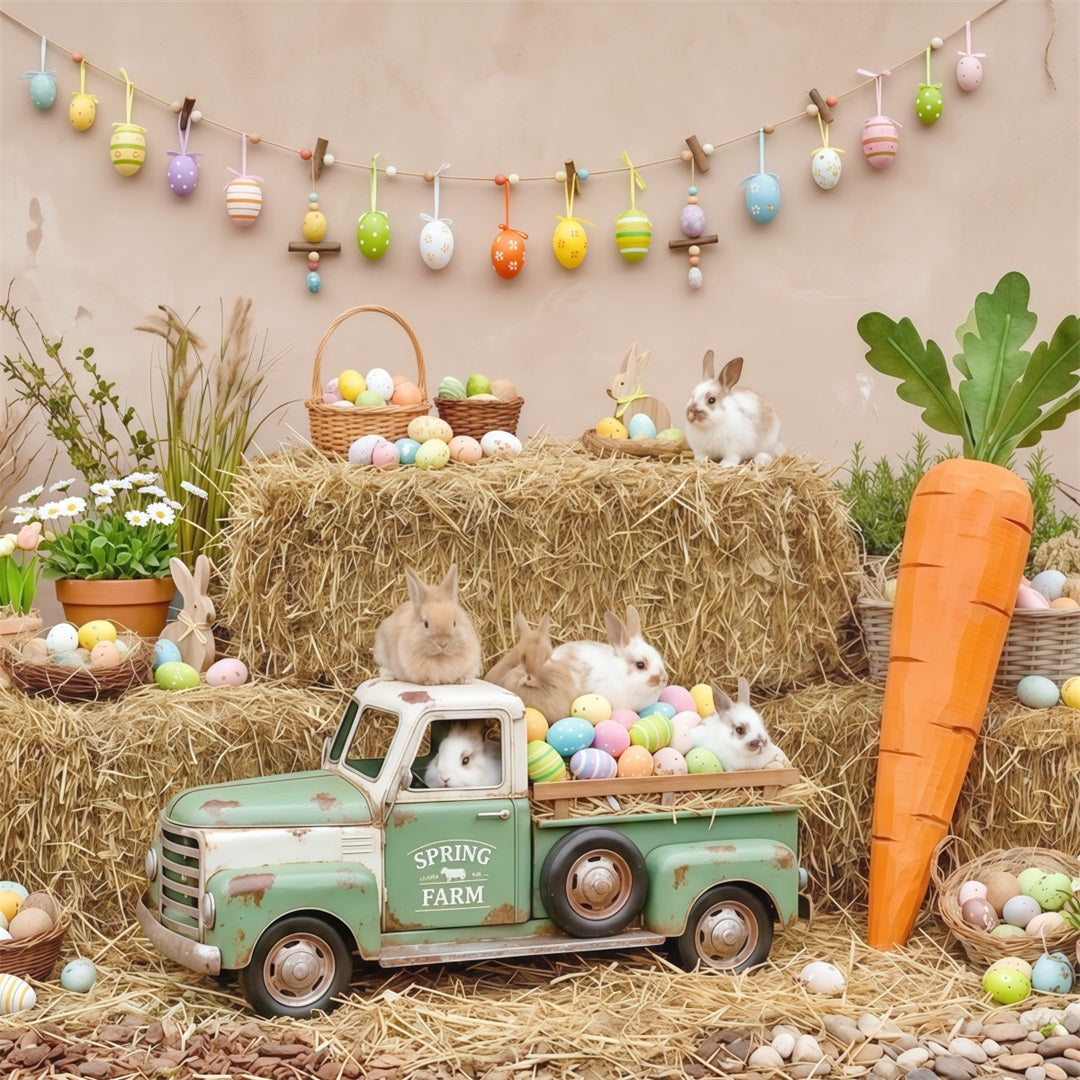 Easter Carrot Backdrop Rustic Farm Bunny Truck Hay Eggs Photo Backdrop Easter UK CSH63-23