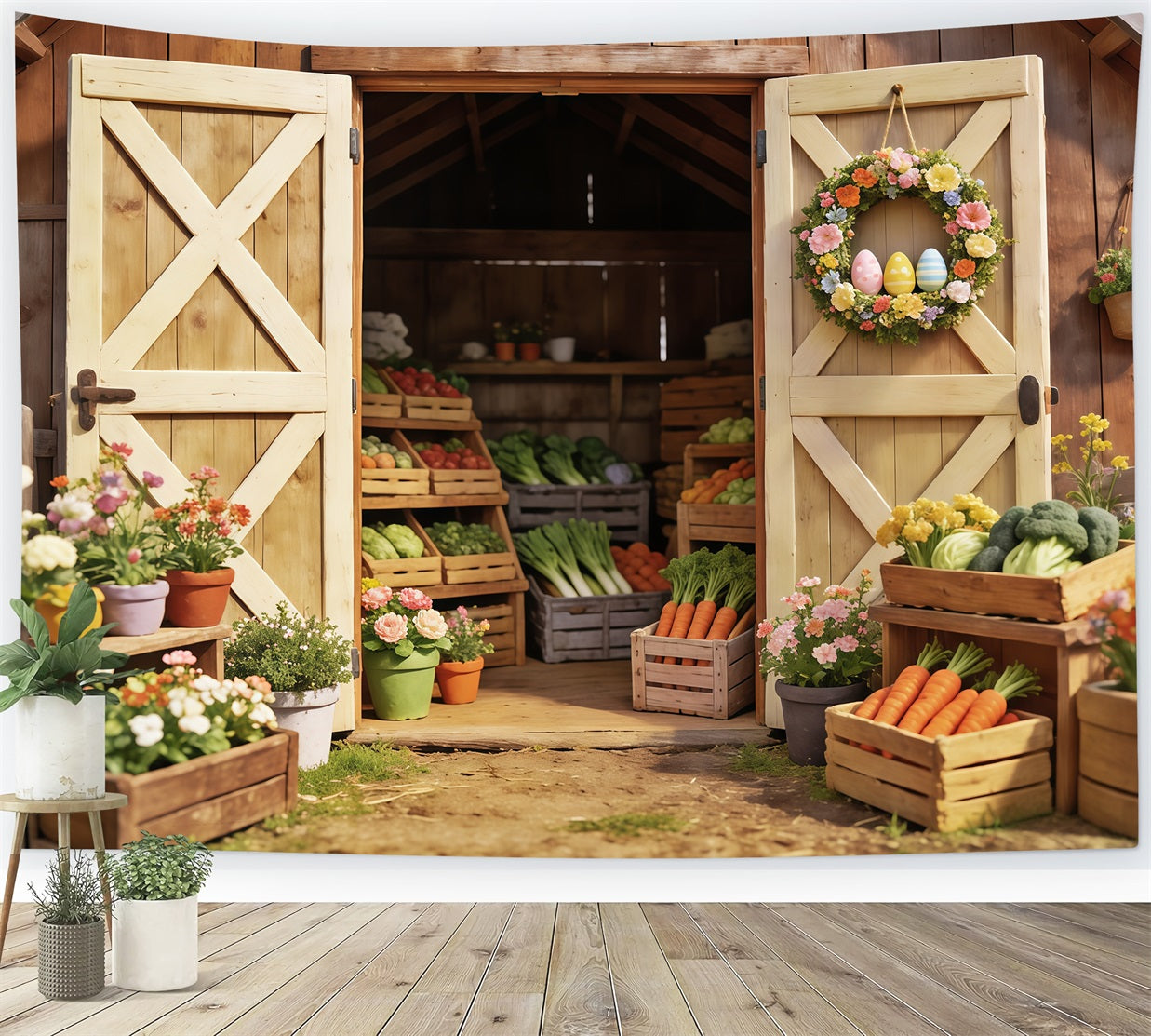Easter Farm Barn Backdrop Spring Vegetables Flower Crates Easter Backdrop For Photography UK CSH63-24