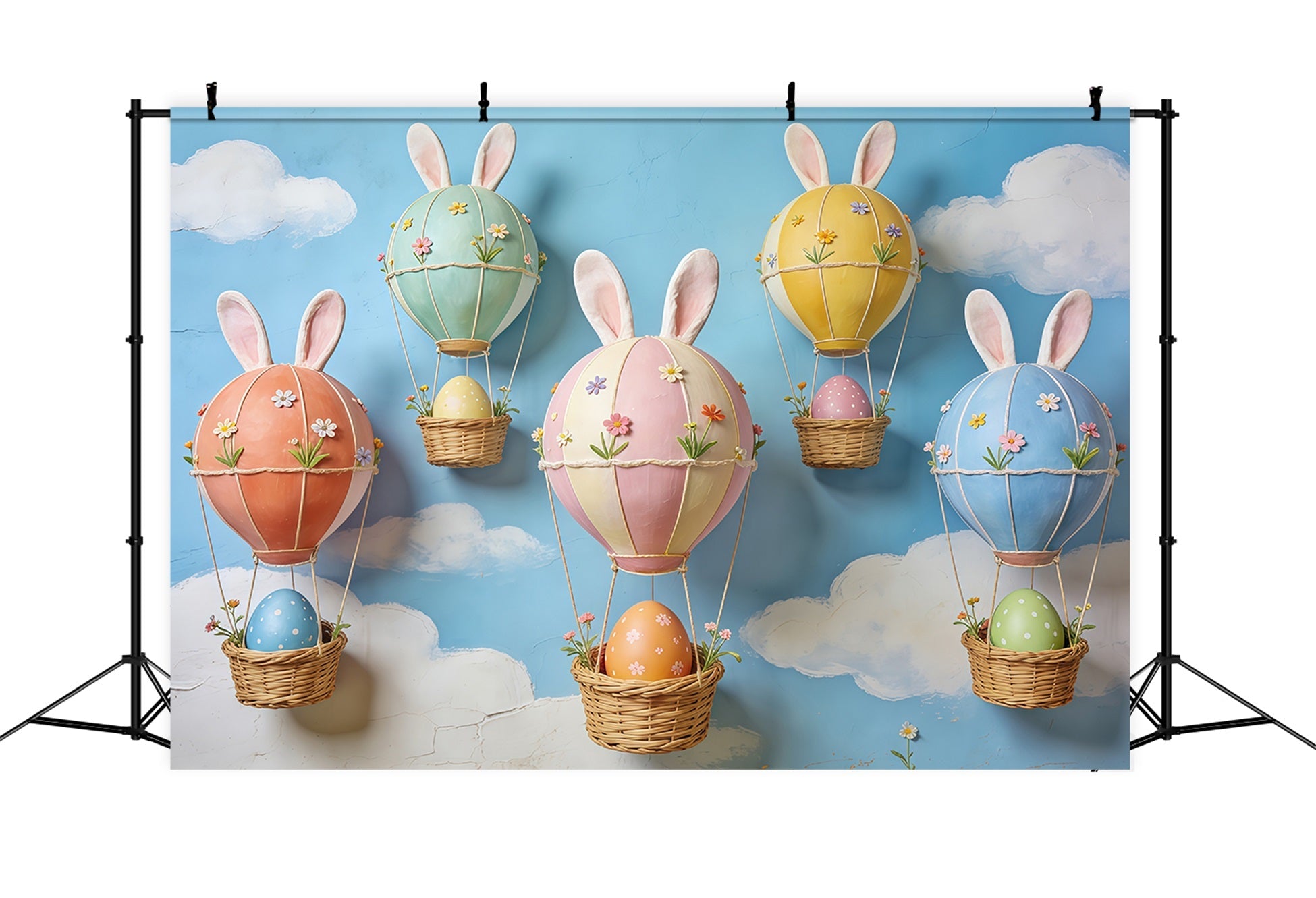 Easter Blue Sky Backdrop Bunny Ear Hot Air Egg Balloons Backdrop For Easter Pictures UK CSH63-26