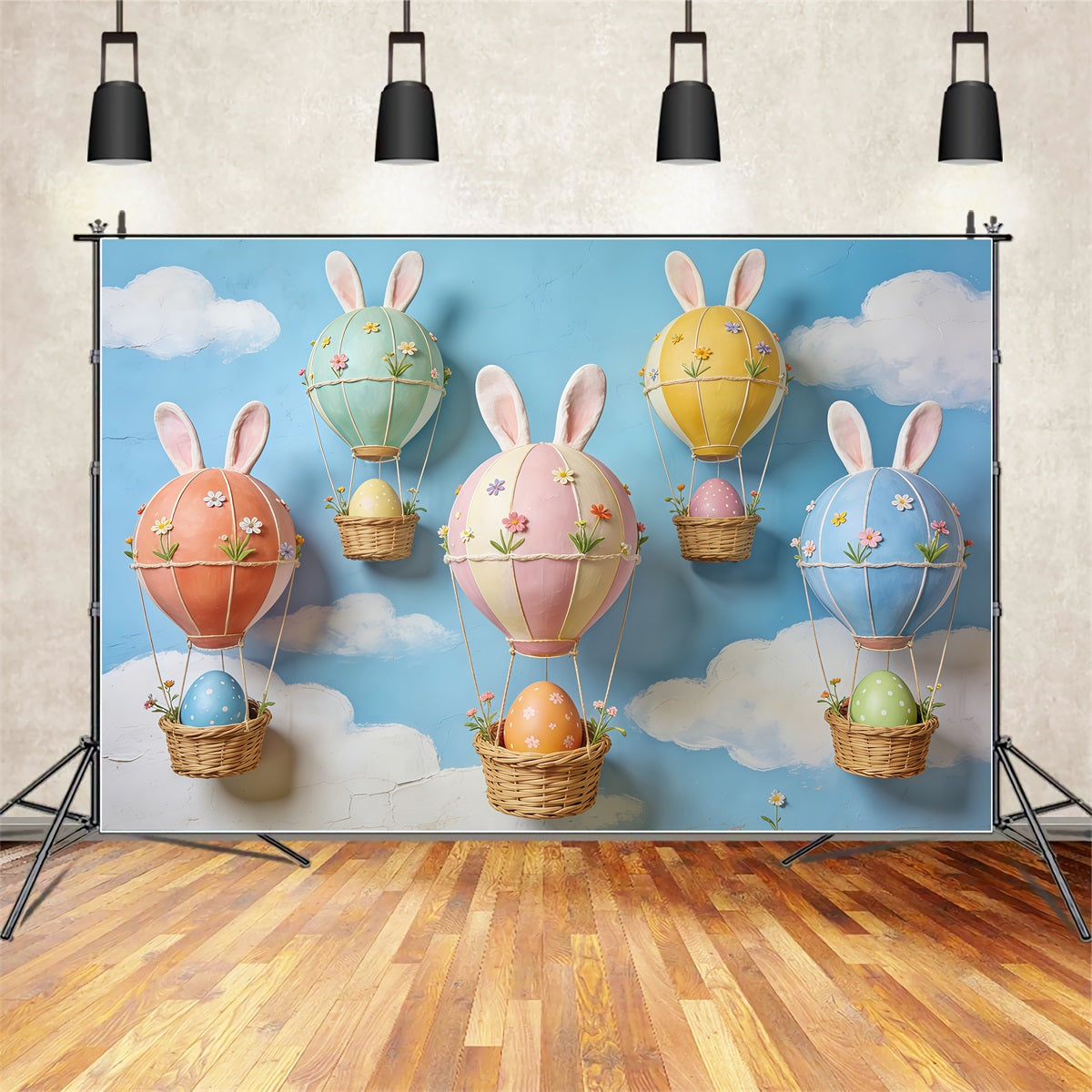 Easter Blue Sky Backdrop Bunny Ear Hot Air Egg Balloons Backdrop For Easter Pictures UK CSH63-26