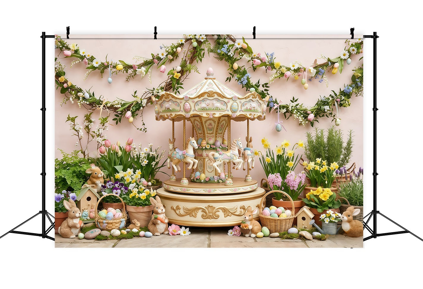 Easter Daffodil Backdrop Vintage Carousel Bunny Flowers Easter Backdrops For Photos UK CSH63-29