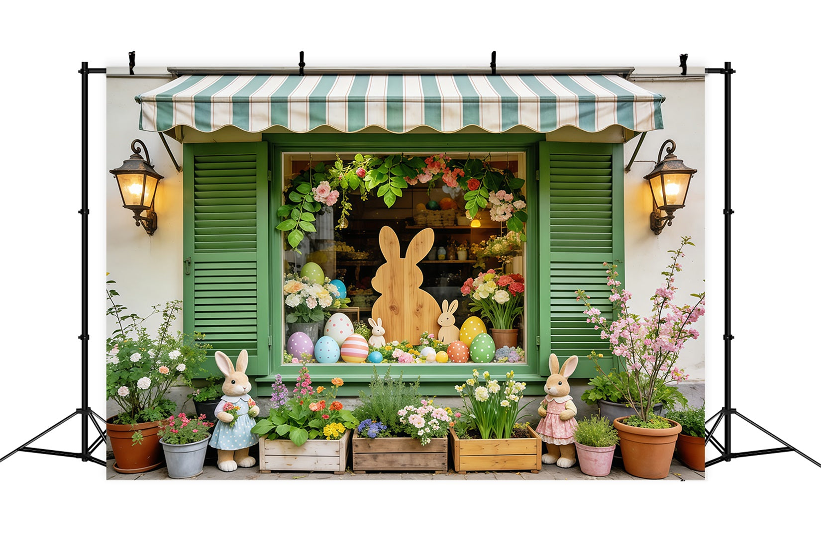 Easter European Garden Backdrop Green Window Bunny Egg Flowers Easter Party Backdrop UK CSH63-38