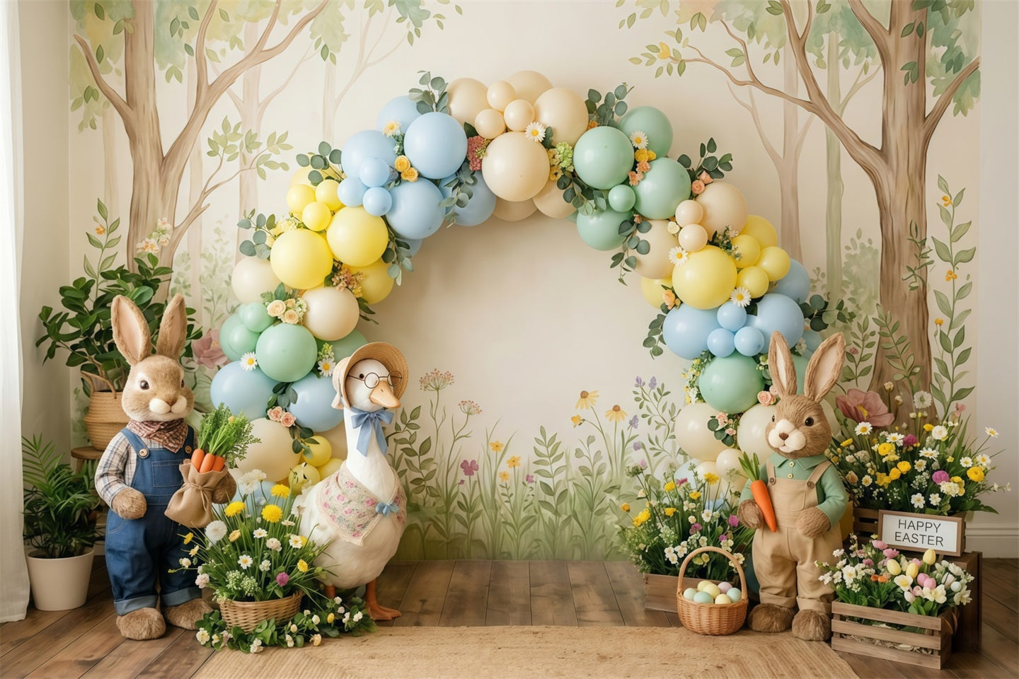 Easter Pastel Balloons Backdrop Bunny Duck Egg Basket Easter Backdrop Ideas UK CSH63-4