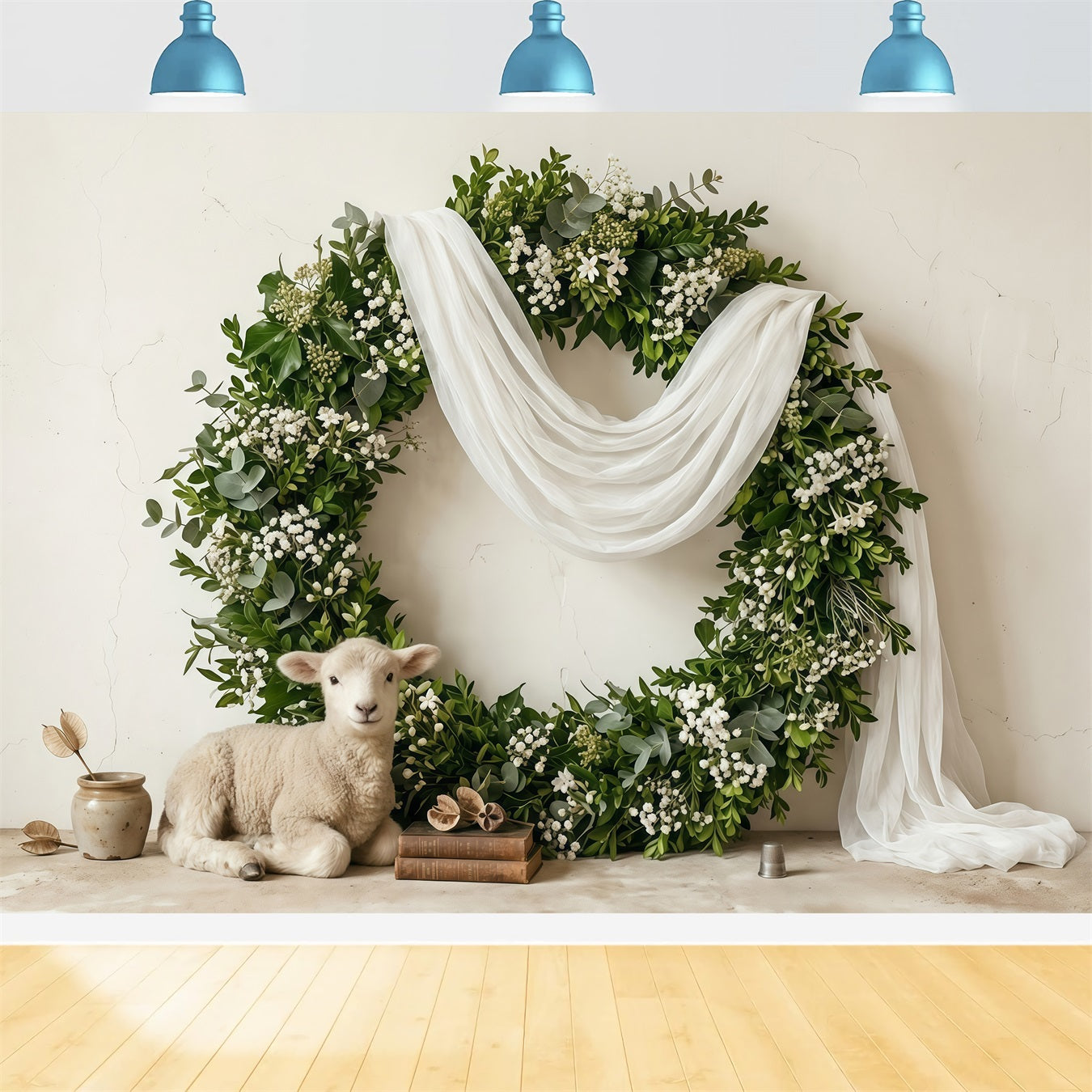 Easter Spring Floral Wreath Backdrop Nordic Lamb Rustic Decor Photo Shoot Easter Backdrop UK CSH63-47