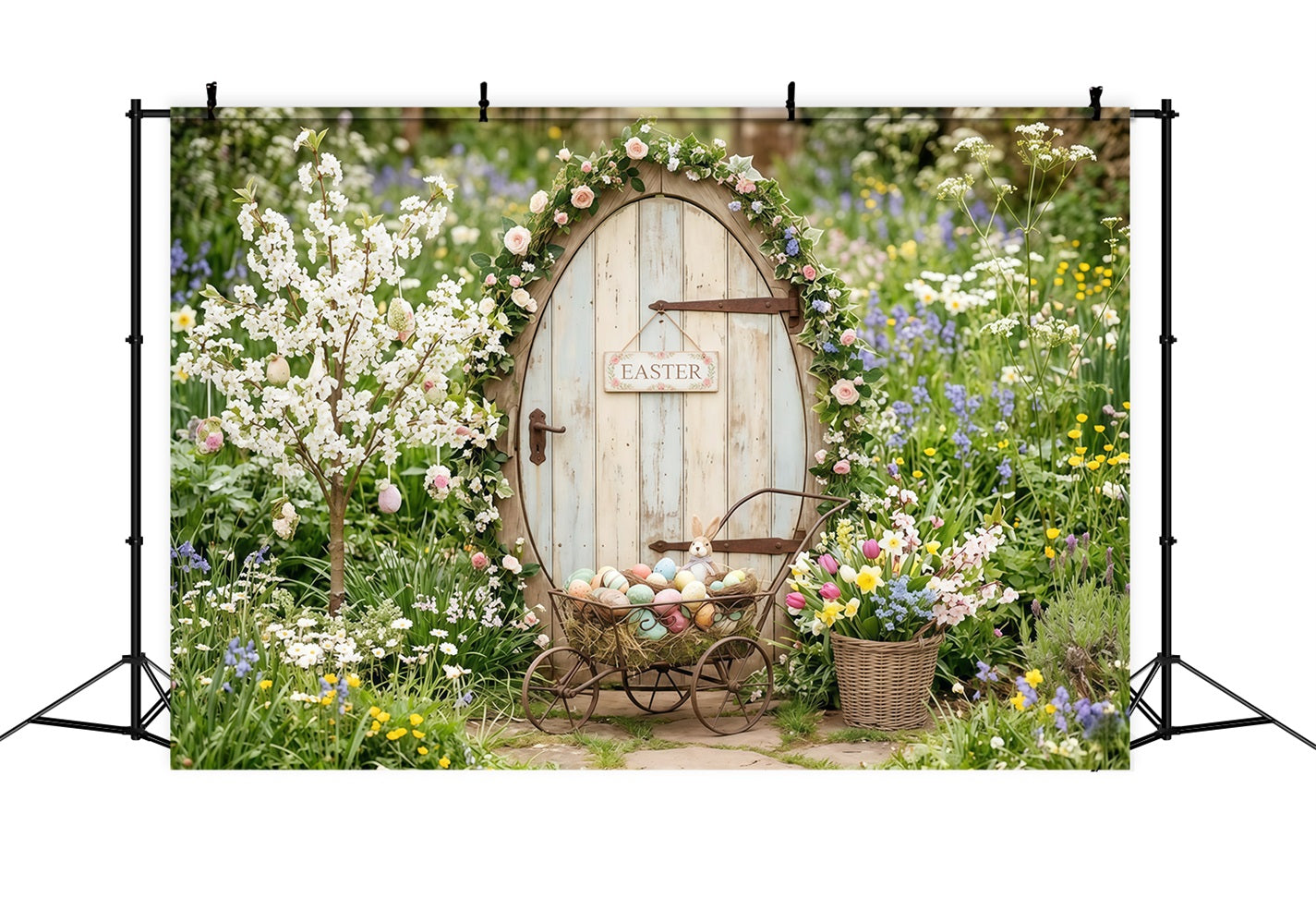 Easter Cottage Garden Backdrop Wildflower Bunny Door Egg Cart Easter Photo Backdrops UK CSH63-5