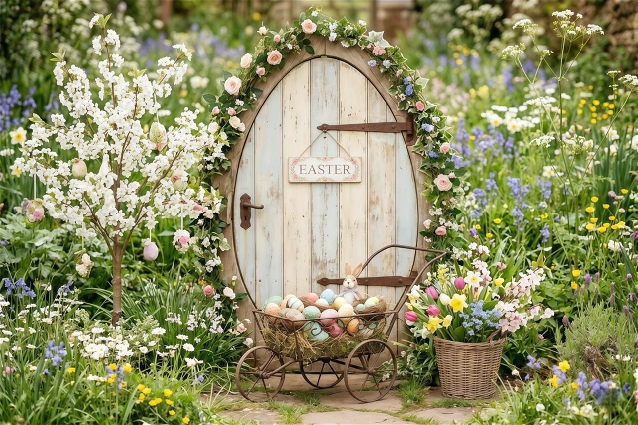 Easter Cottage Garden Backdrop Wildflower Bunny Door Egg Cart Easter Photo Backdrops UK CSH63-5