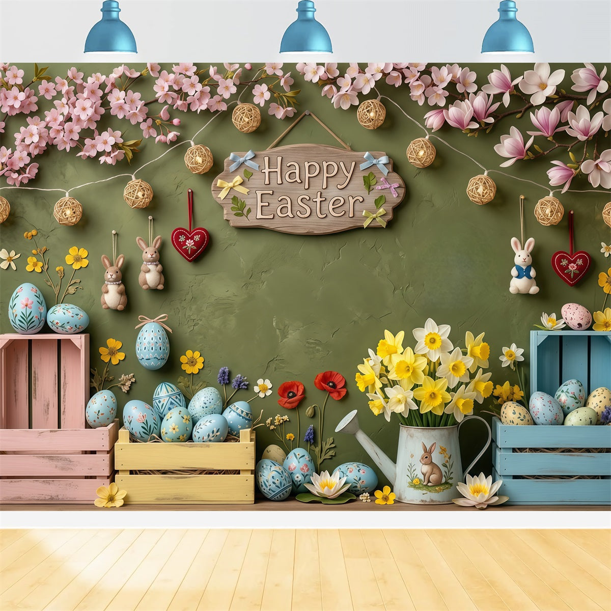 Easter Rustic Backdrop Pastel Eggs Crates Daffodil Easter Pictures Backdrop UK CSH63-50