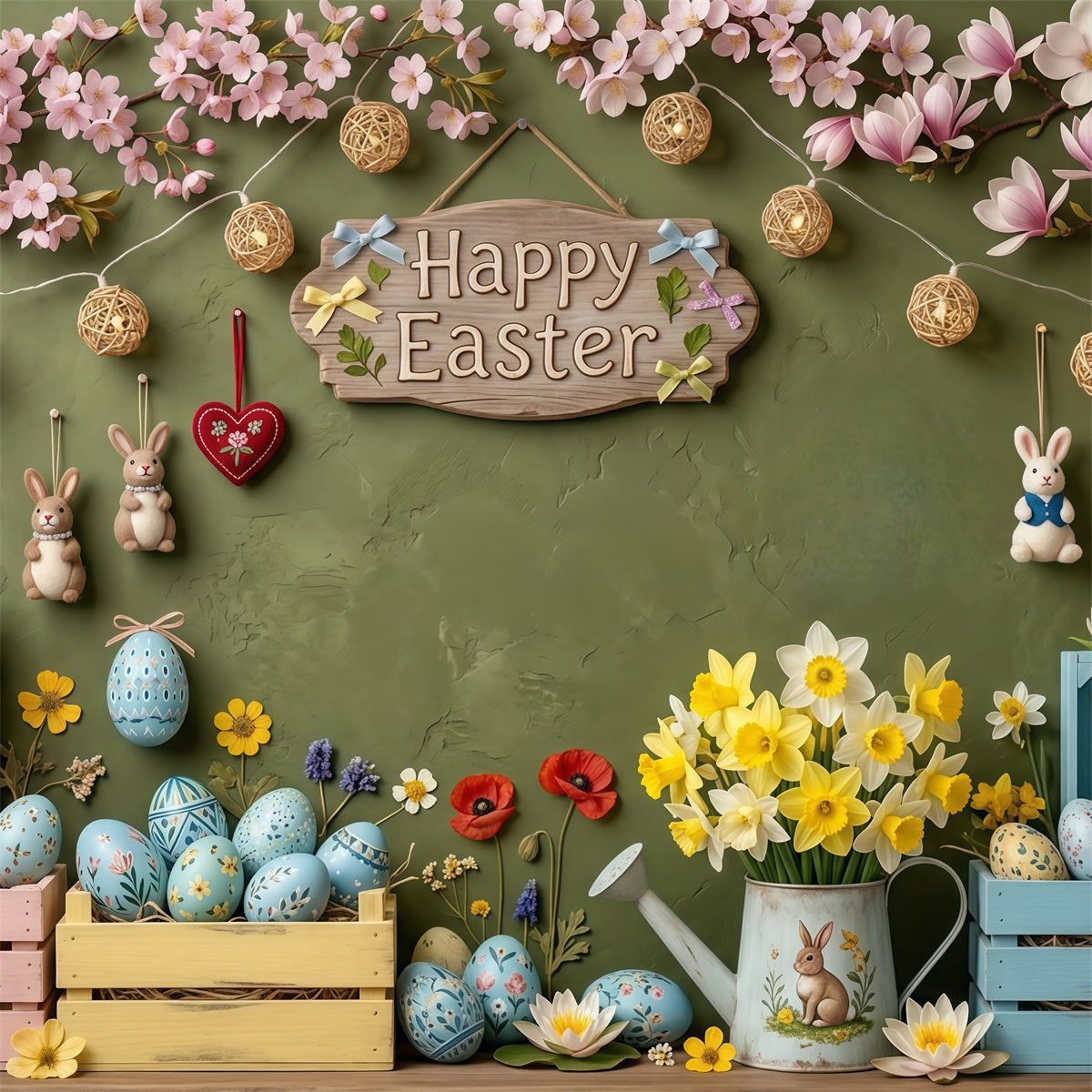 Easter Rustic Backdrop Pastel Eggs Crates Daffodil Easter Pictures Backdrop UK CSH63-50