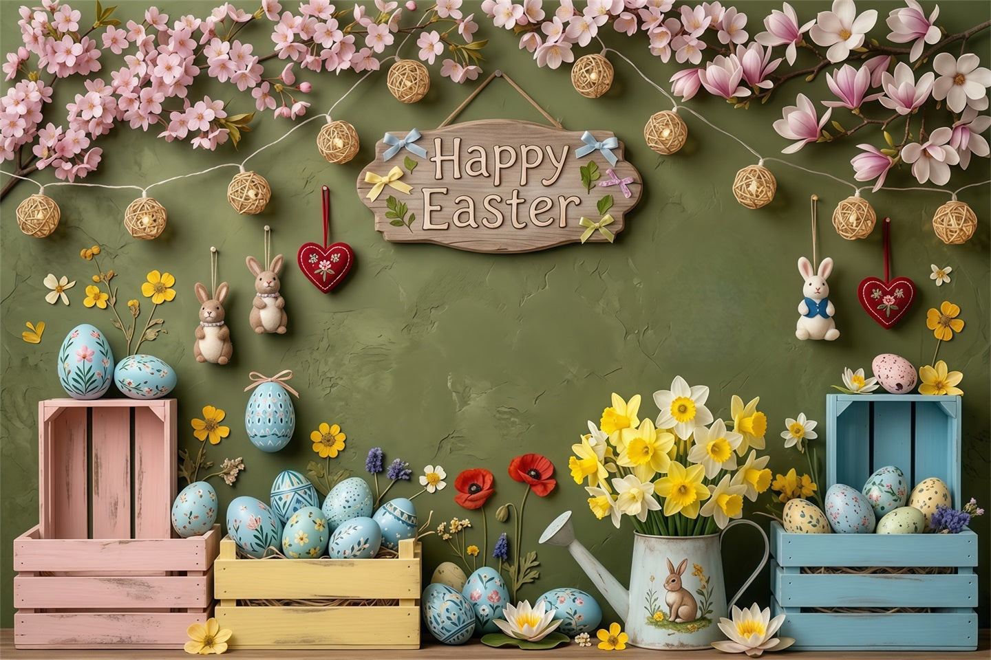 Easter Rustic Backdrop Pastel Eggs Crates Daffodil Easter Pictures Backdrop UK CSH63-50
