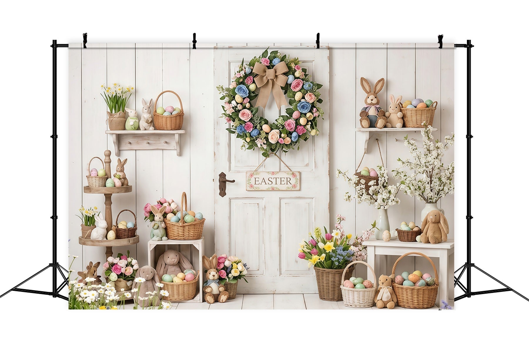 Easter Rustic Backdrop Rustic Door Wreath Egg Baskets Easter Backdrop Photography UK CSH63-6