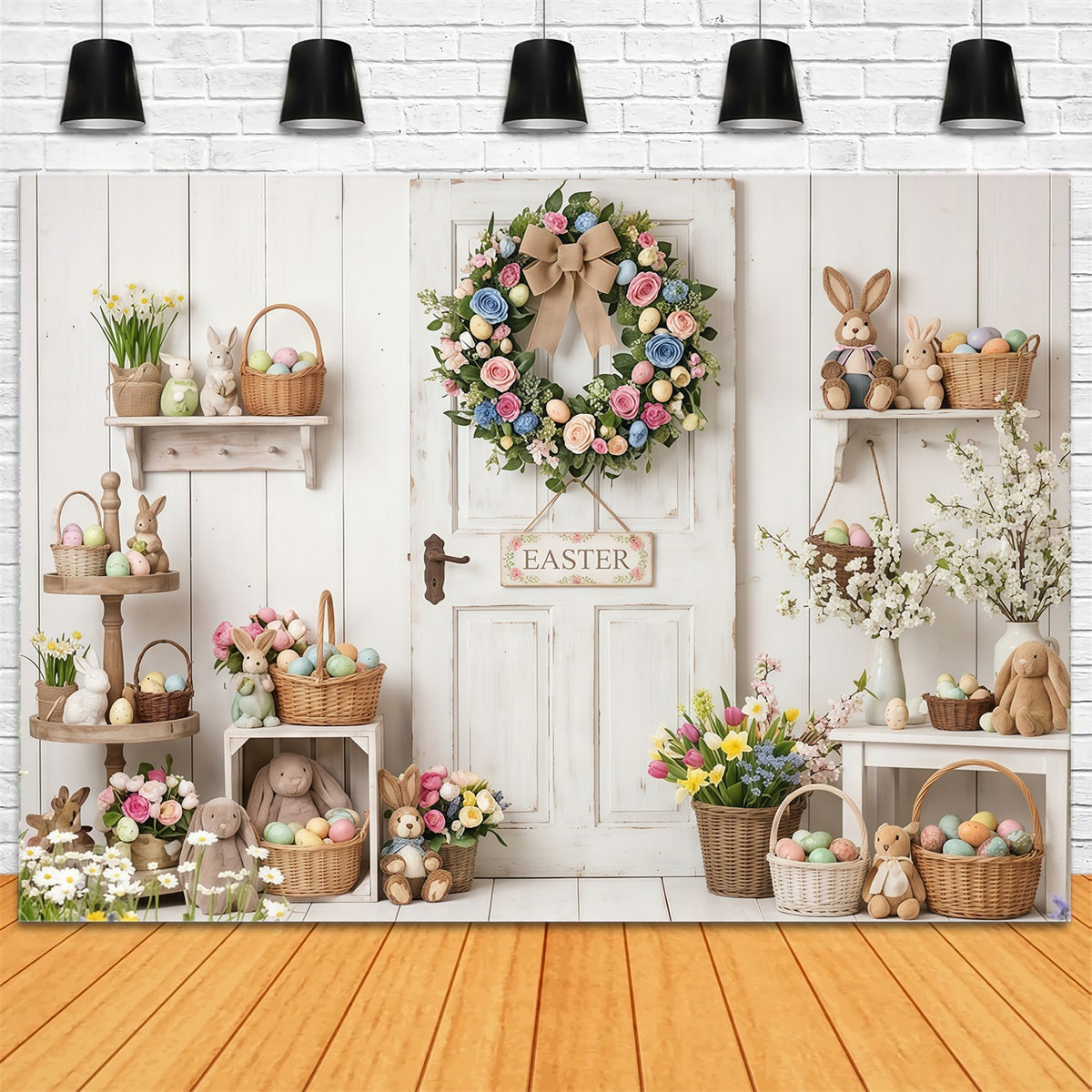 Easter Rustic Backdrop Rustic Door Wreath Egg Baskets Easter Backdrop Photography UK CSH63-6