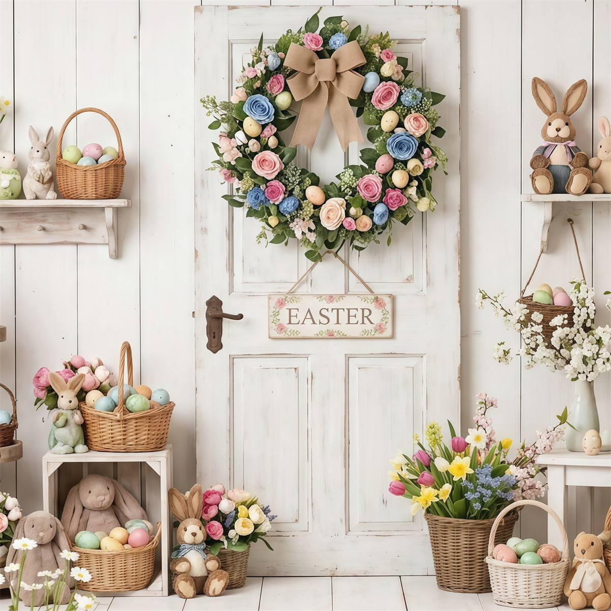 Easter Rustic Backdrop Rustic Door Wreath Egg Baskets Easter Backdrop Photography UK CSH63-6
