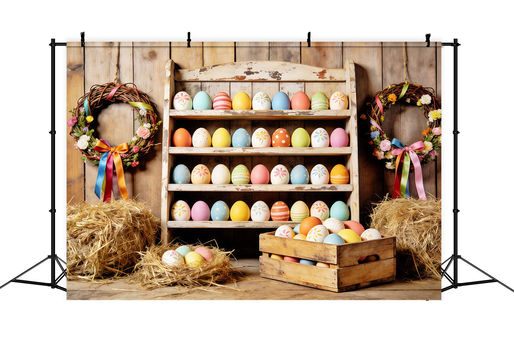 Easter Farm Barn Backdrop Farmhouse Colorful Eggs Hay Easter Backdrops For Photography UK CSH63-7