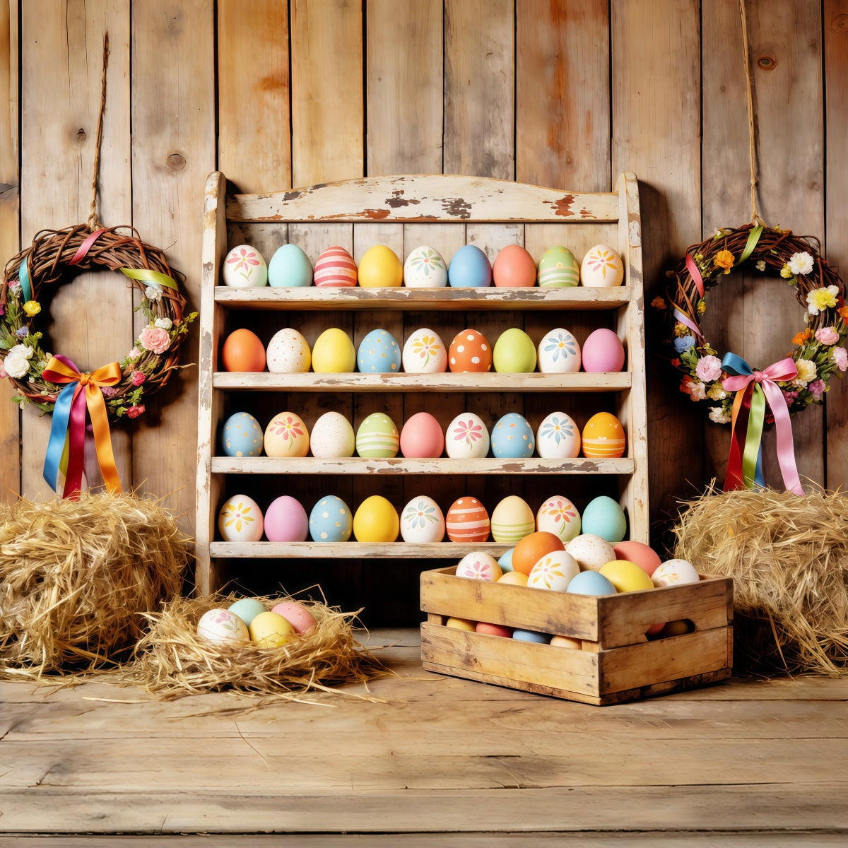 Easter Farm Barn Backdrop Farmhouse Colorful Eggs Hay Easter Backdrops For Photography UK CSH63-7