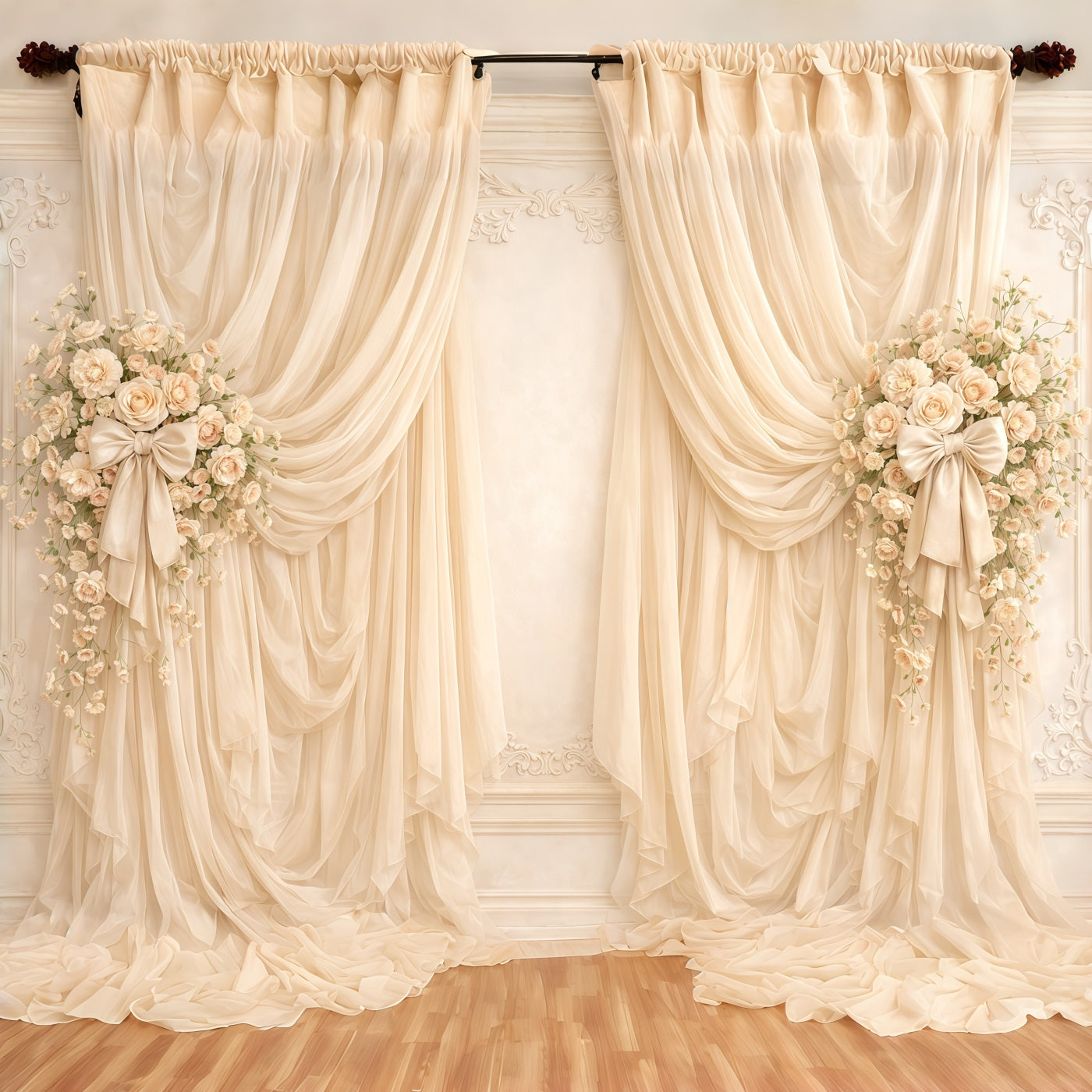Ribbon Bow Mother's Day Backdrop Ivory Curtain Floral Bow Mother's Day Backdrops UK CSH63-70