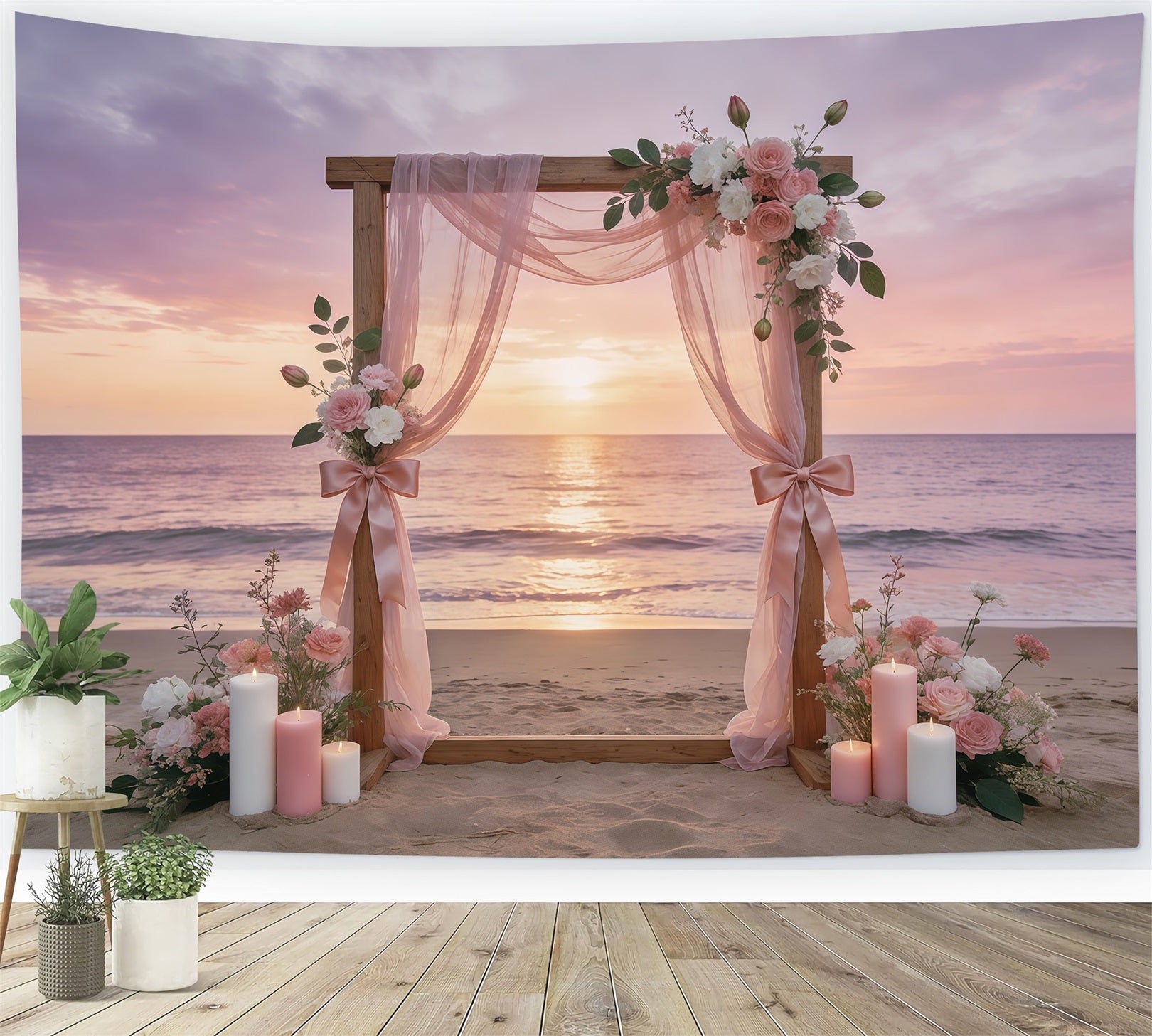 Ribbon Bow Mother's Day Backdrop Blush Coastal Sunset Floral Arch Mother's Day Backdrops UK CSH63-72