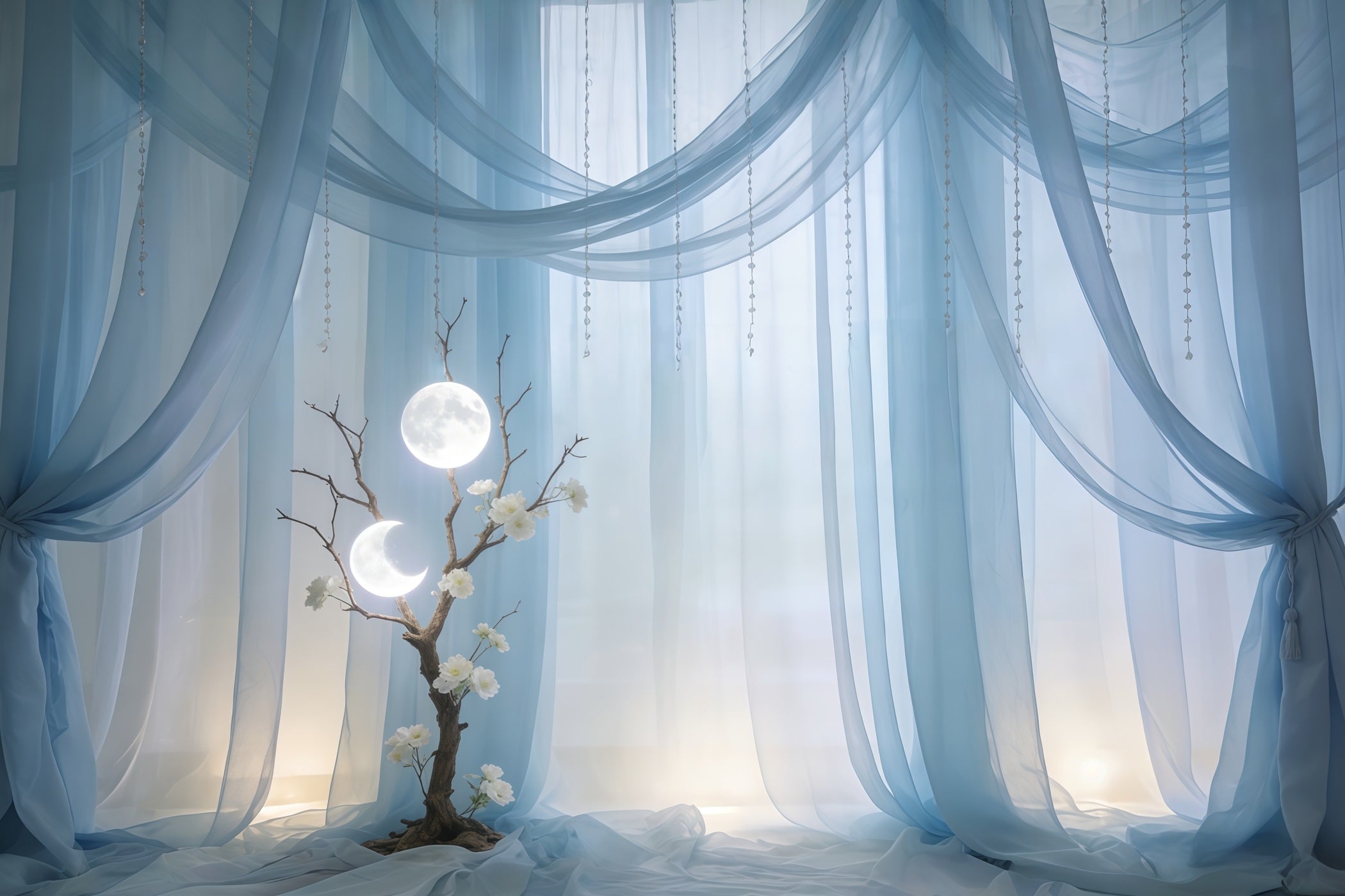 Sheer Curtains Mother's Day Backdrop Sky Blue Moonlit Draped Tree Mothers Day Backdrops UK CSH63-76