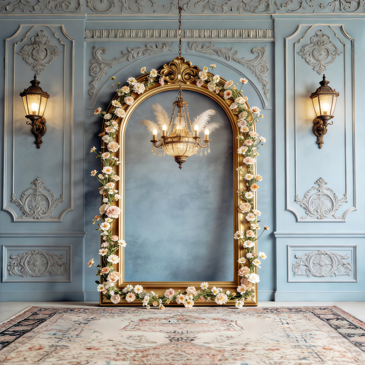 Photo Frame Mother's Day Backdrop Powder Blue Floral Arch Chandelier Mothers Day Photo Backdrop UK CSH63-78