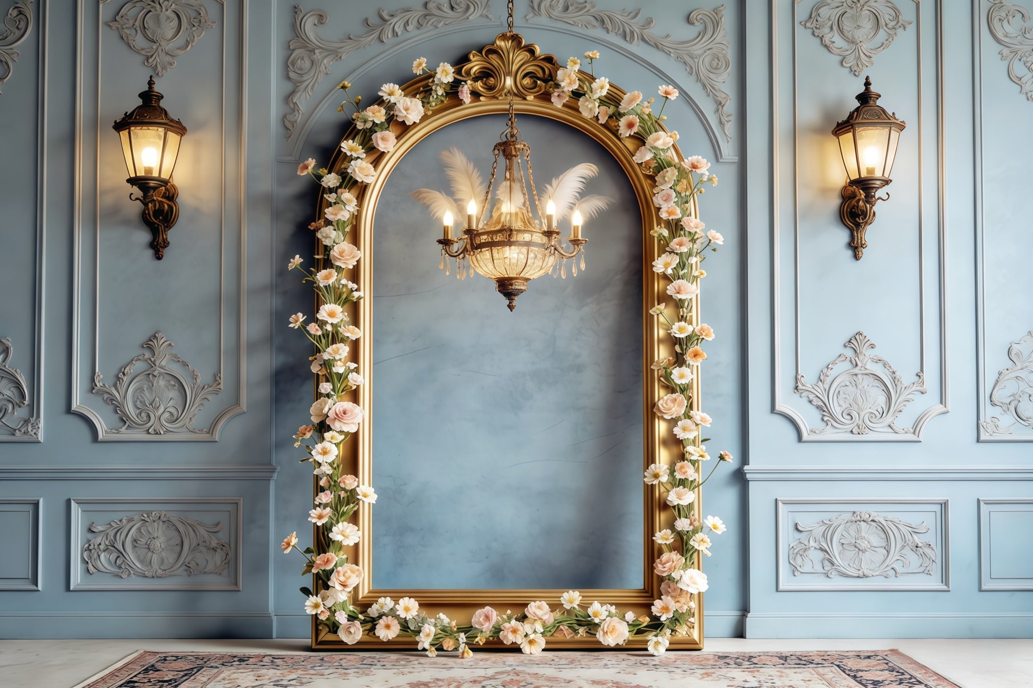 Photo Frame Mother's Day Backdrop Powder Blue Floral Arch Chandelier Mothers Day Photo Backdrop UK CSH63-78
