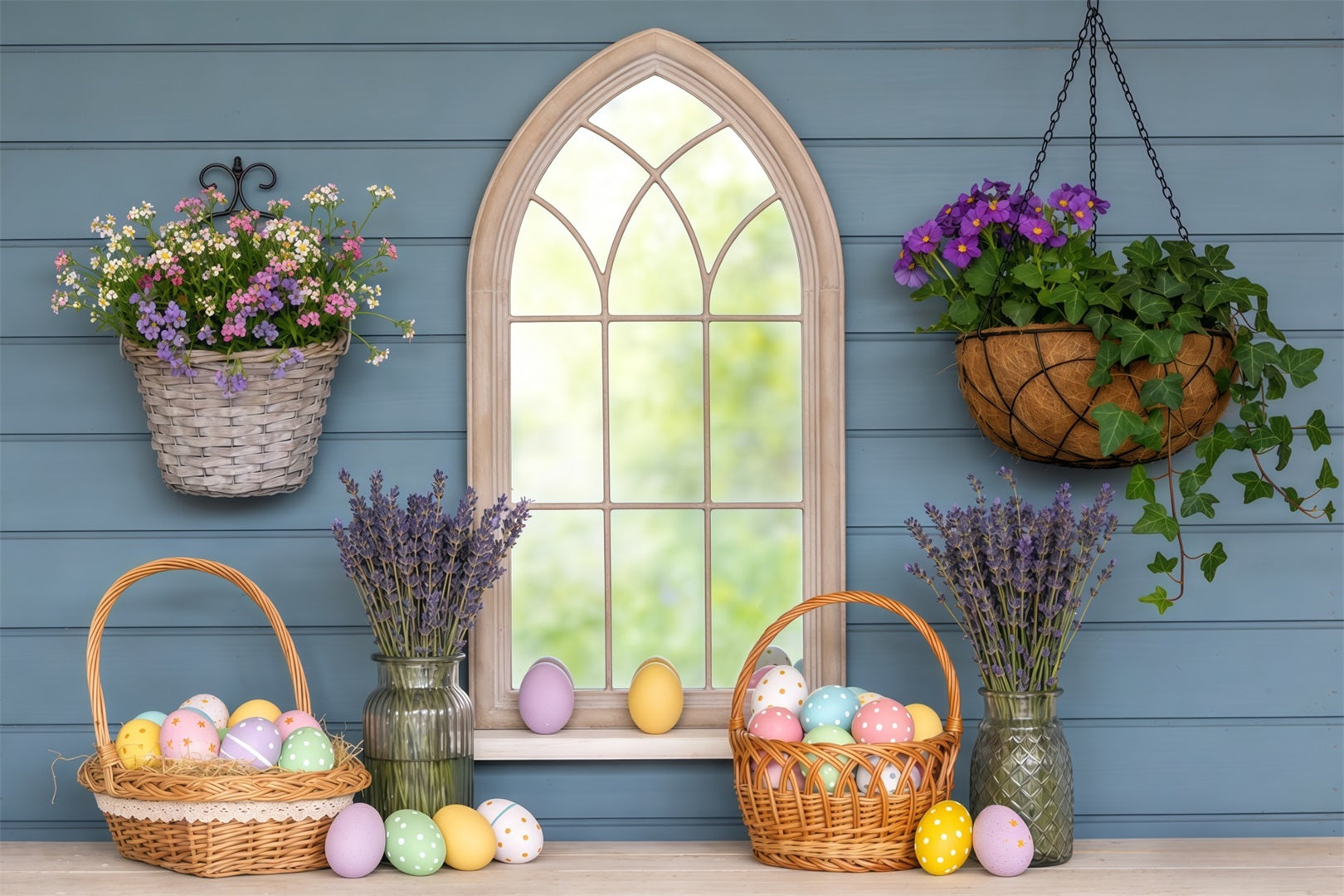 Easter Window Spring Light Backdrop Basket Eggs Lavender Easter Photography Backdrops UK CSH63-8