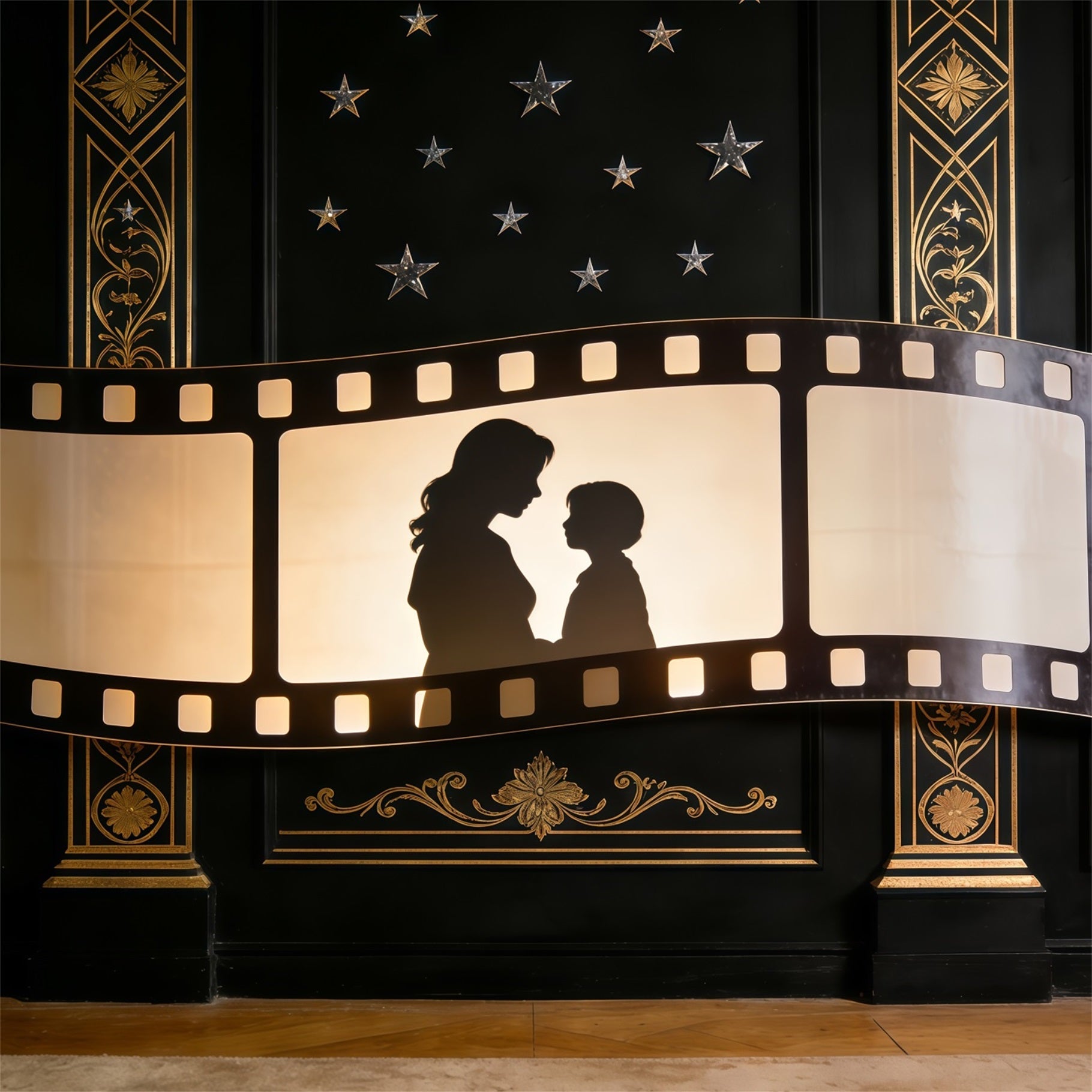 Mother Daughter Silhouette Mother's Day Backdrop Golden Filmstrip Art Deco Mother Day Backdrop UK CSH63-81