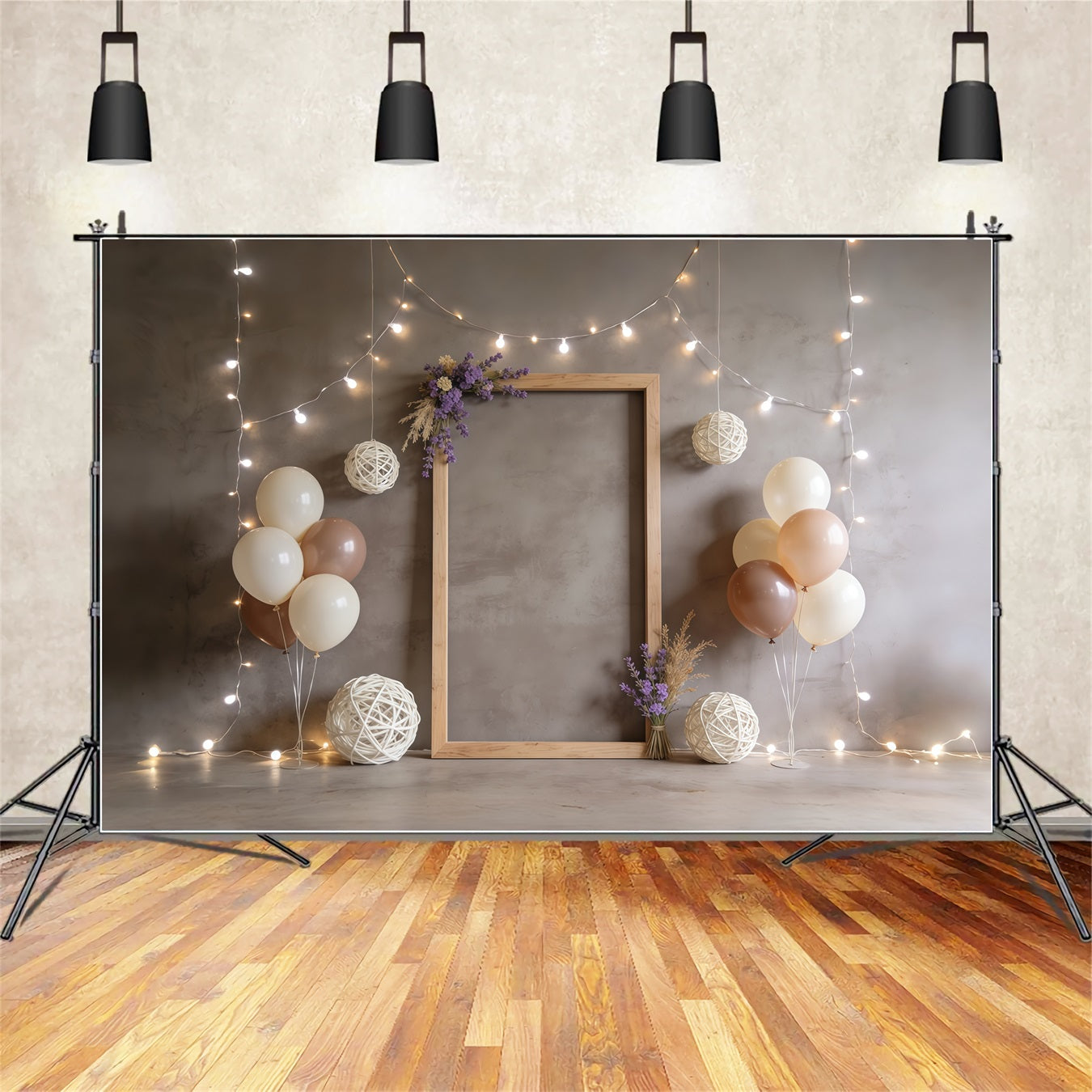 Lavender Bouquet Rustic Frame Balloon Fairy Lights Happy Mother's Day Backdrop UK CSH63-85