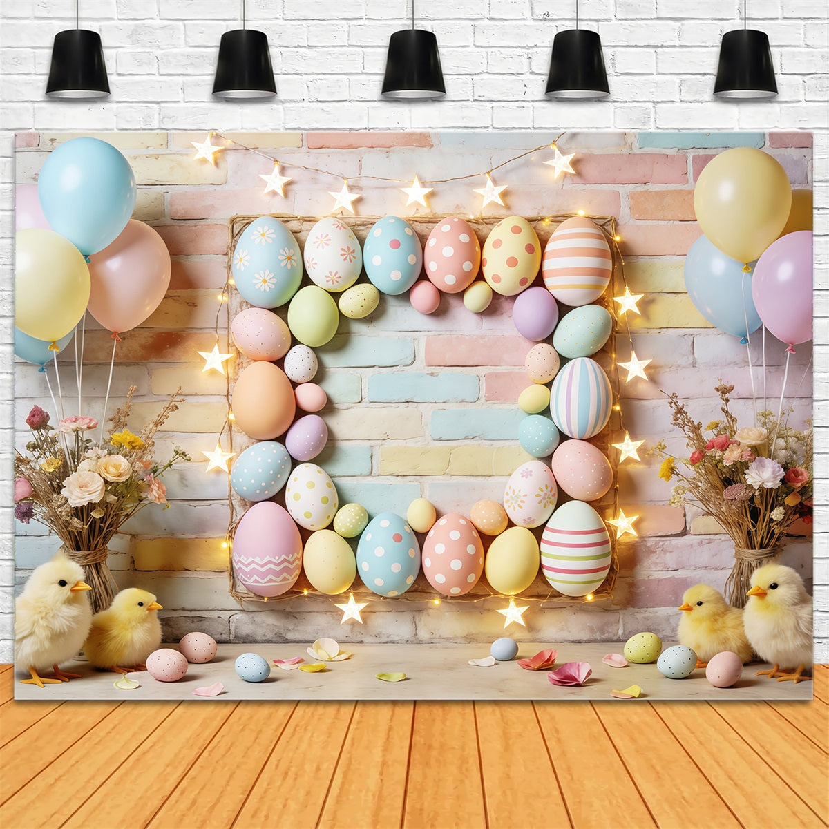Easter Pastel Balloons Backdrop Egg Frame Star Lights Chicks Easter Picture Backdrops UK CSH63-9