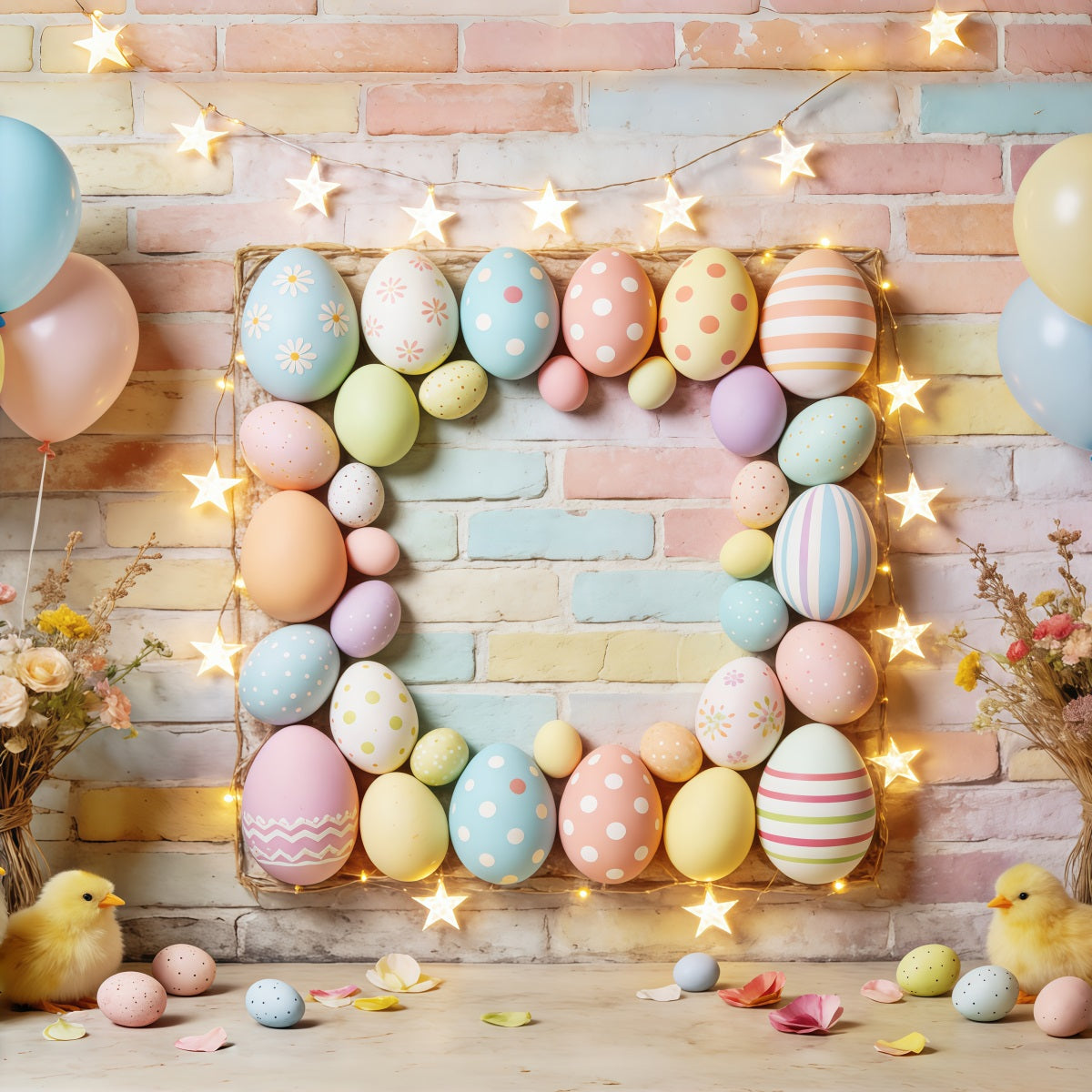 Easter Pastel Balloons Backdrop Egg Frame Star Lights Chicks Easter Picture Backdrops UK CSH63-9