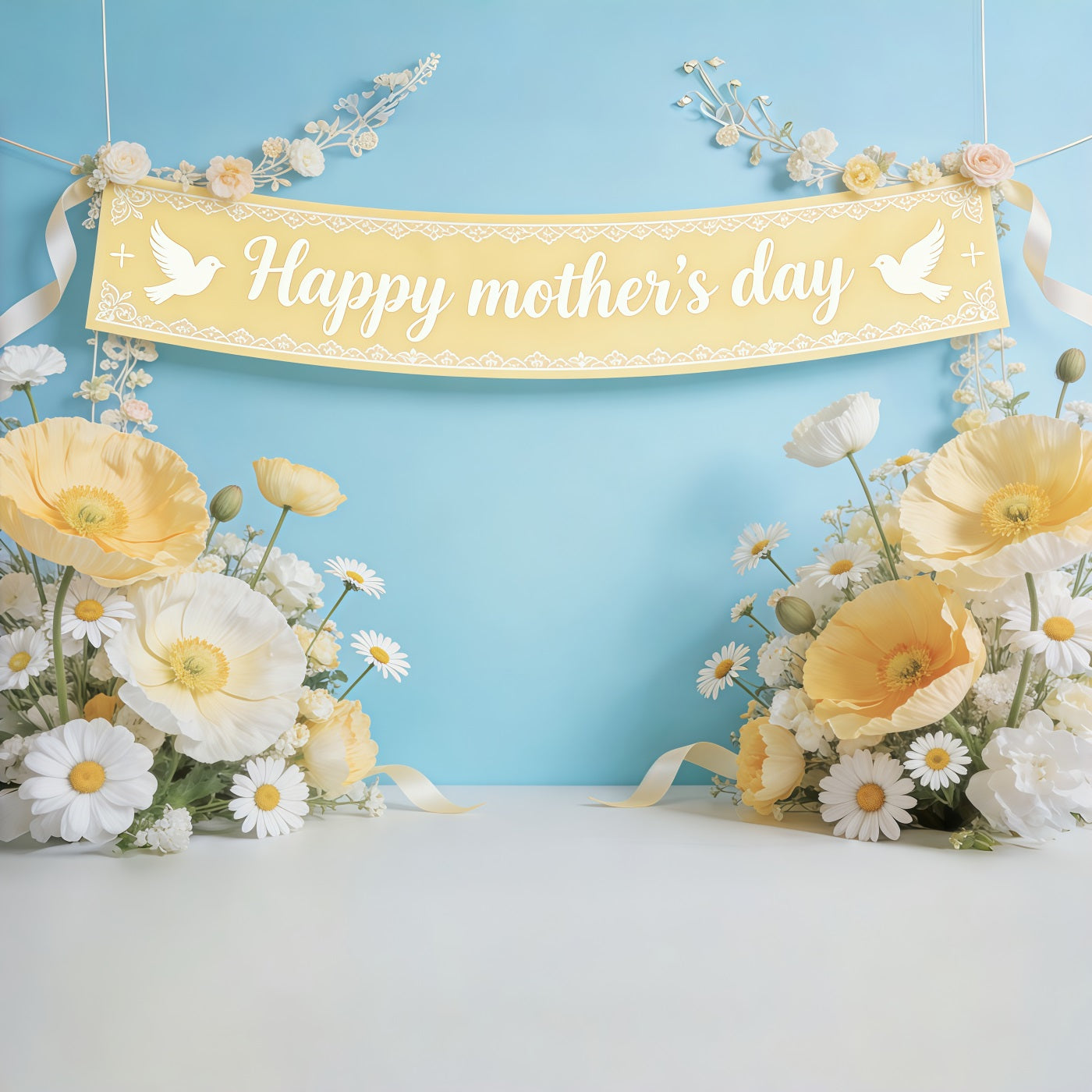 Mother's Day Backdrop For Church Blue Daisy Poppy Banner Photo Backdrops For Mothers Day UK CSH63-91