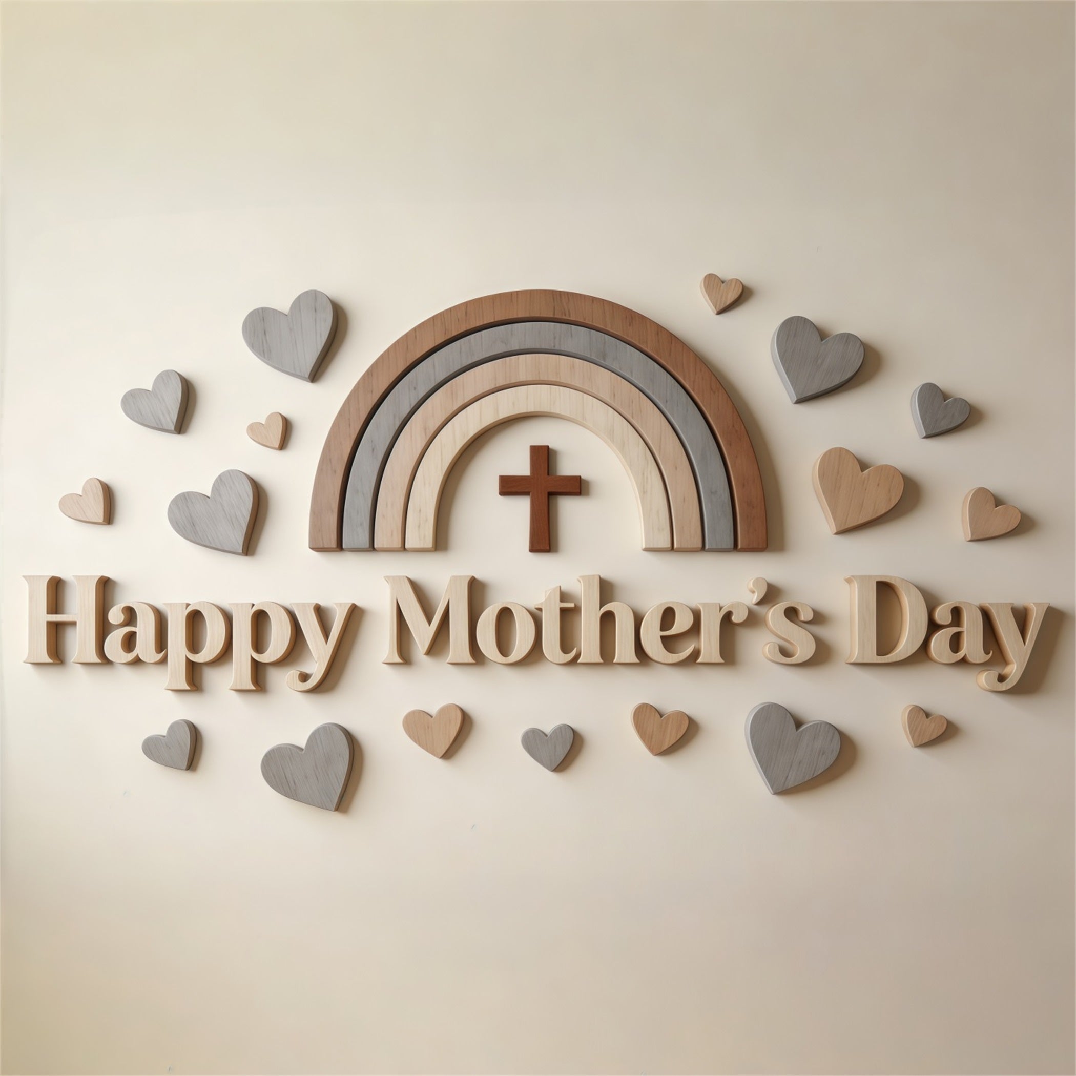 Church Mother's Day Backdrop Ideas Neutral Wooden Rainbow Hearts Backdrop For Mothers Day UK CSH63-94