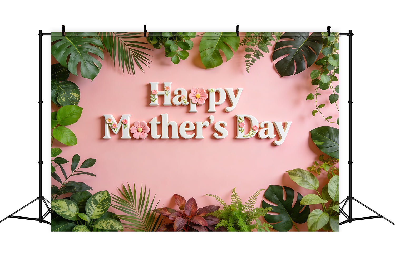 Church Mother's Day Backdrop Ideas Pink Tropical Leaves Floral Lettering Backdrop For Mothers Day UK CSH63-95