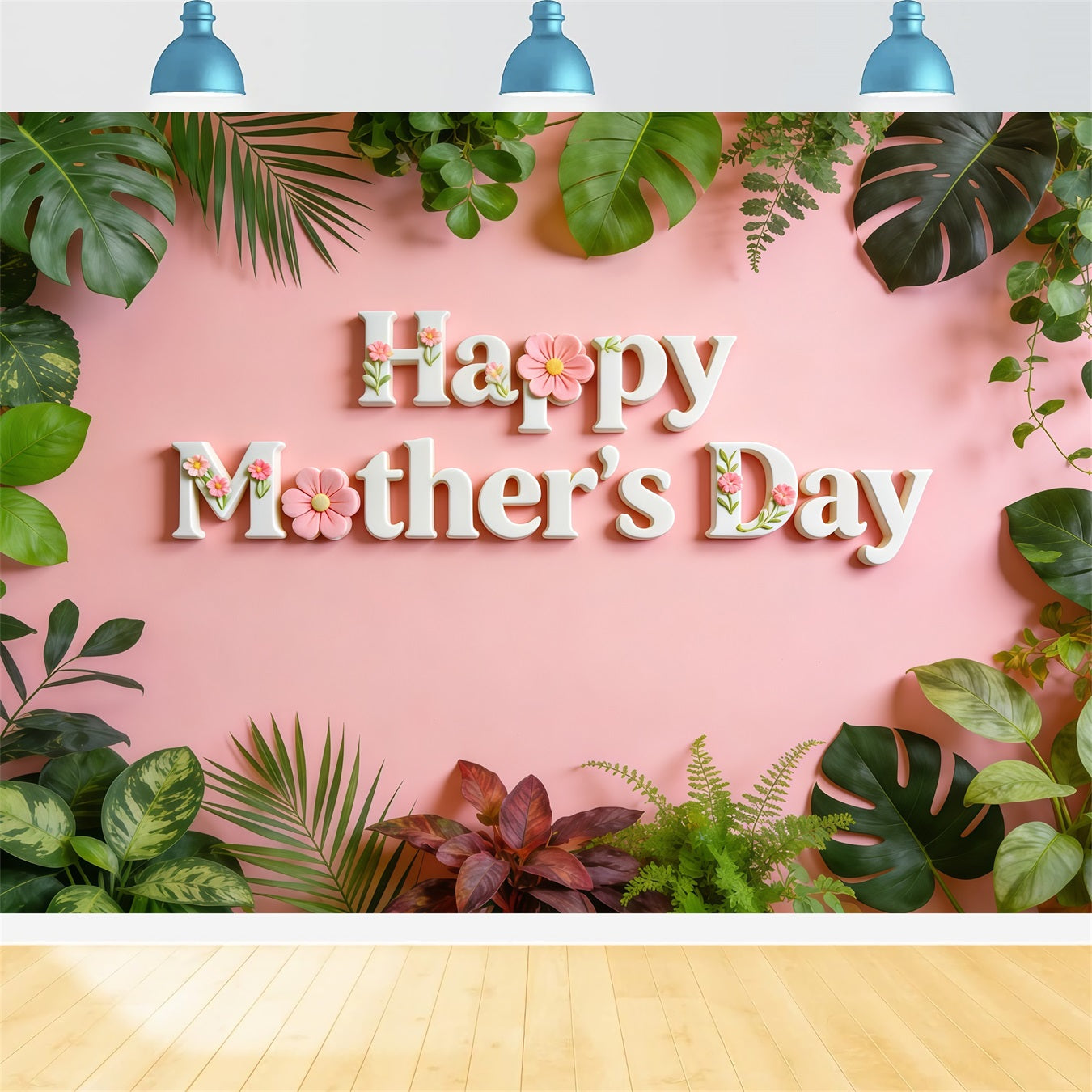 Church Mother's Day Backdrop Ideas Pink Tropical Leaves Floral Lettering Backdrop For Mothers Day UK CSH63-95