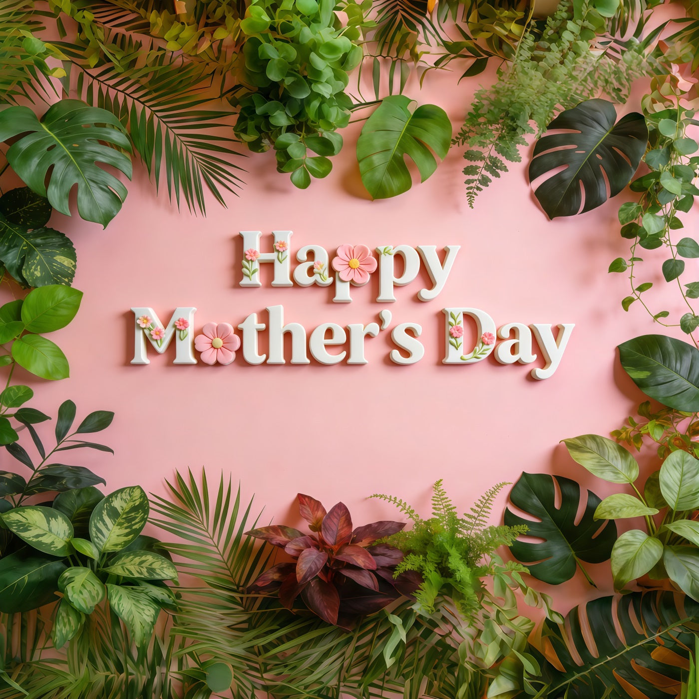 Church Mother's Day Backdrop Ideas Pink Tropical Leaves Floral Lettering Backdrop For Mothers Day UK CSH63-95