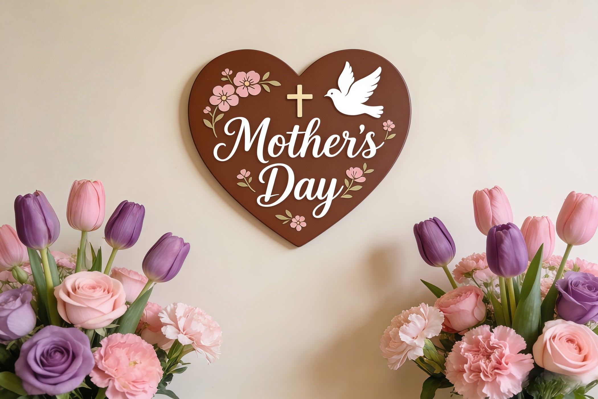 Church Mother's Day Photo Backdrop Faith Heart Tulip Floral Plaque Photo Backdrop For Mothers Day UK CSH63-98