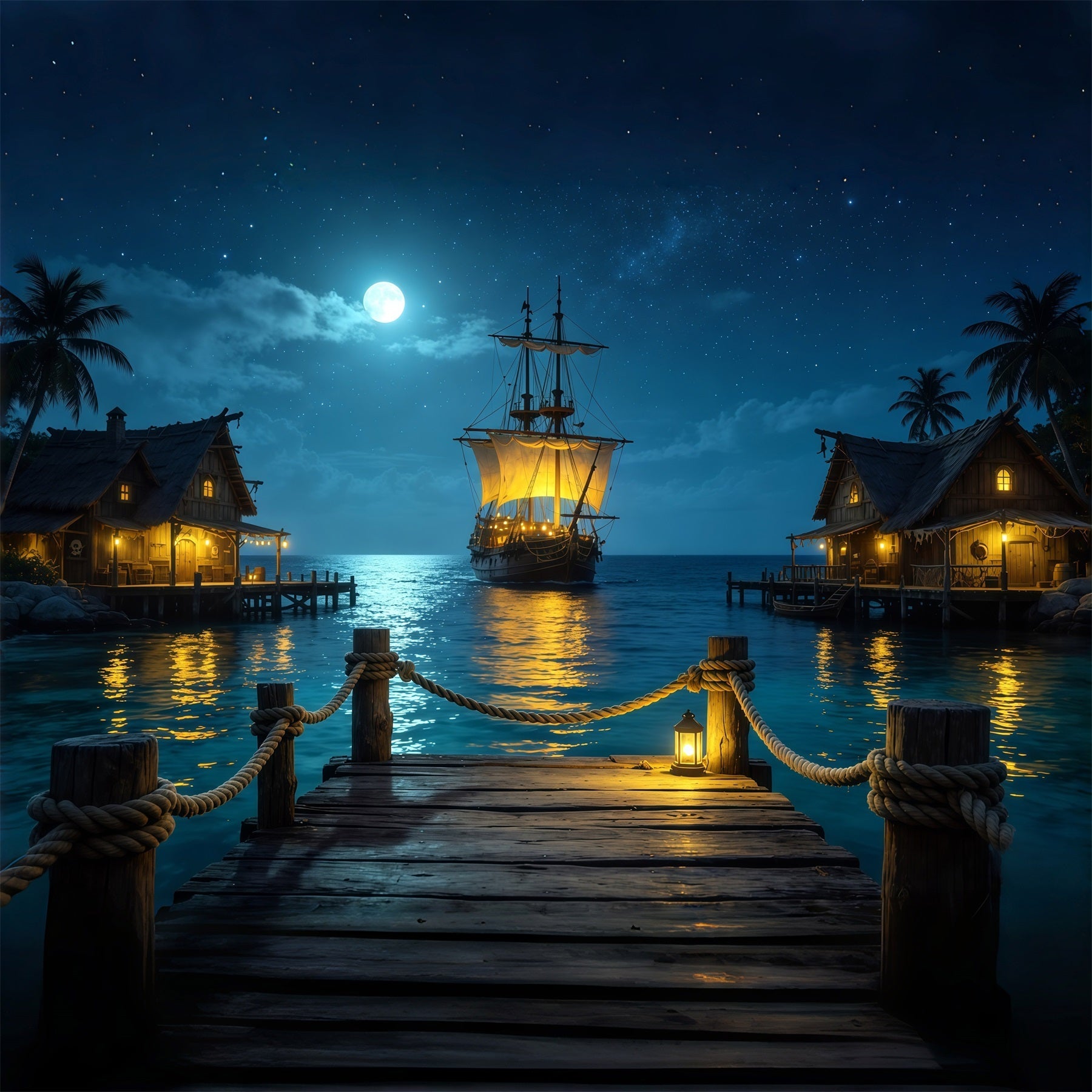 Caribbean Backdrop Moonlit Pirate Harbor Sailing Ship Summer Backdrop UK CSH64-78