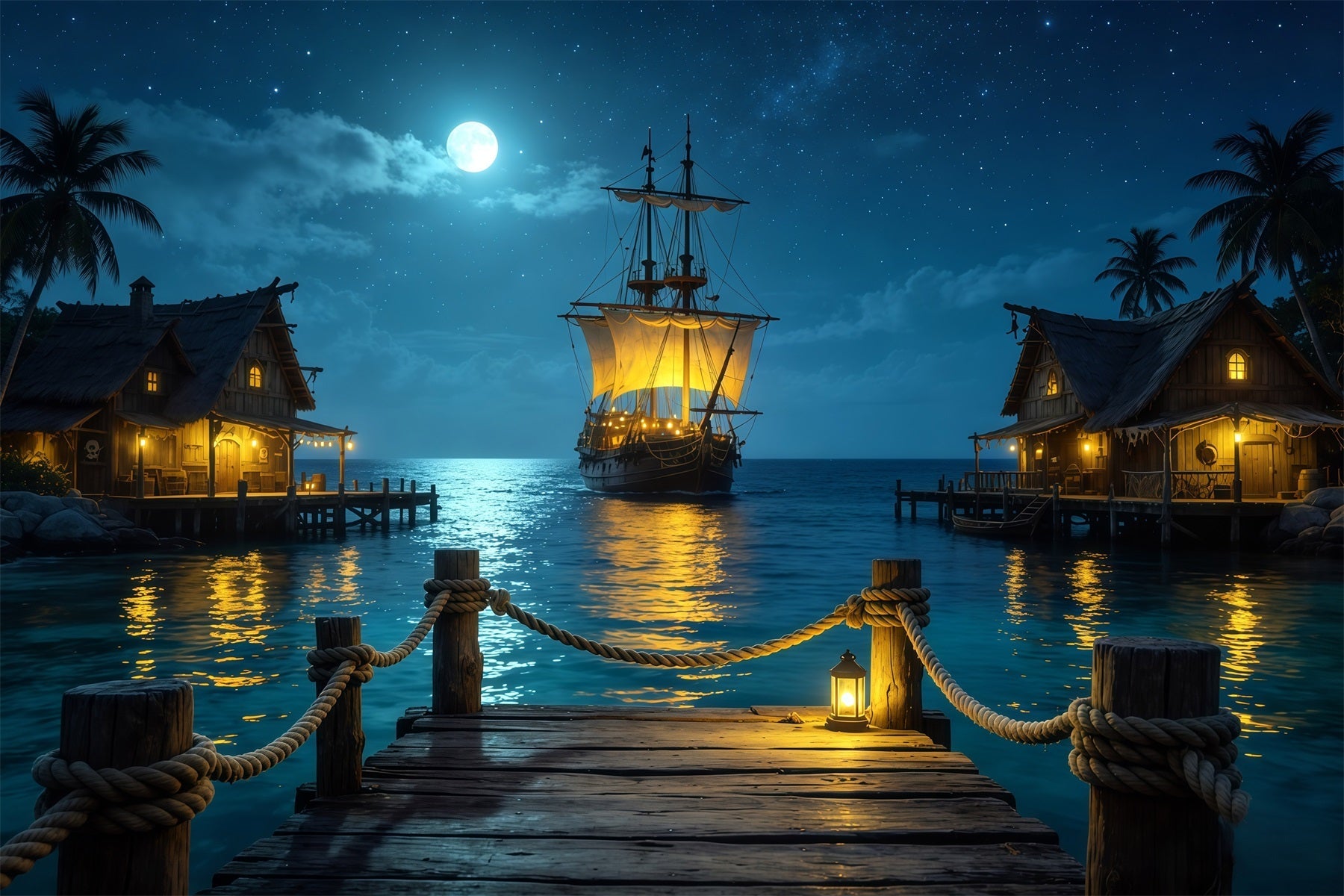 Caribbean Backdrop Moonlit Pirate Harbor Sailing Ship Summer Backdrop UK CSH64-78