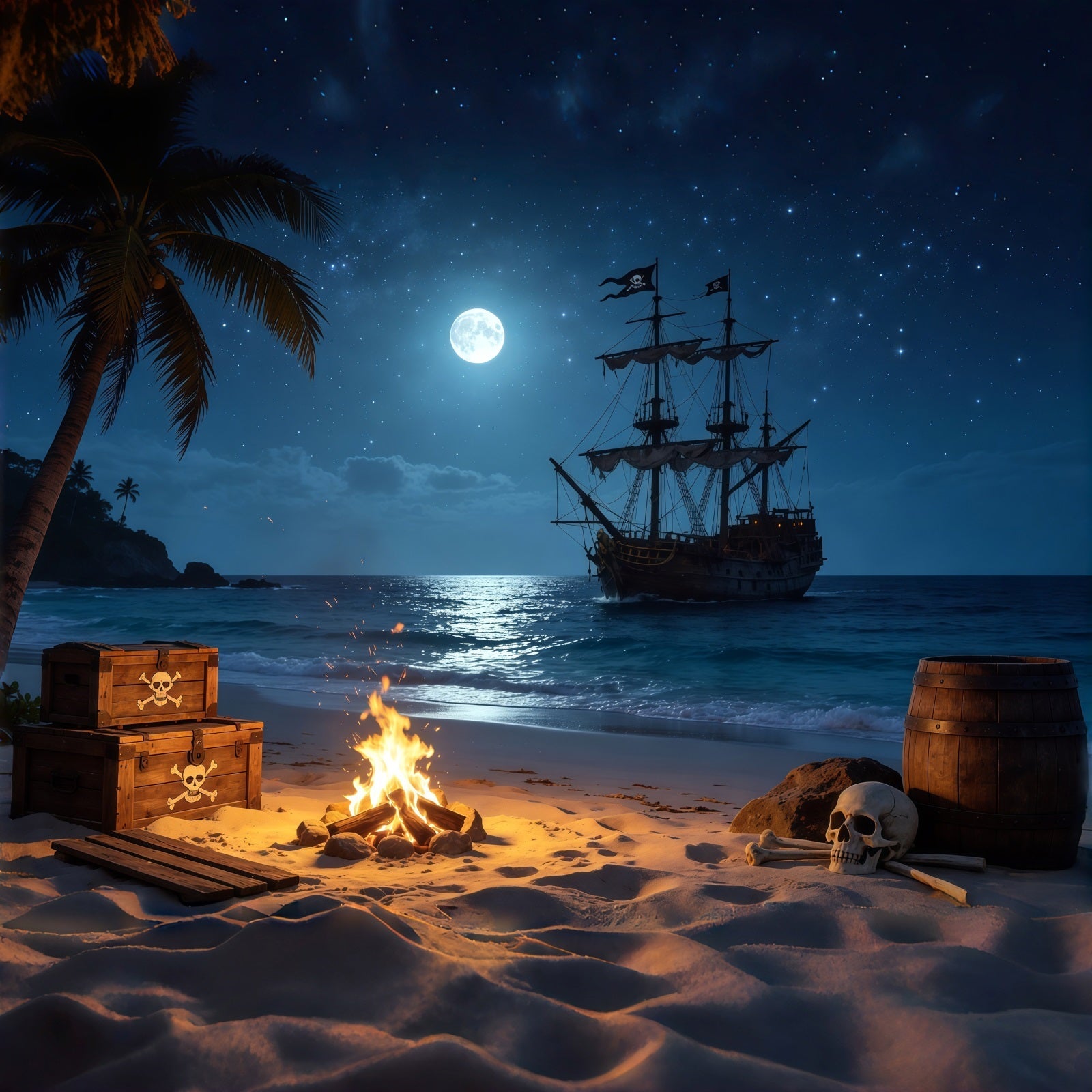 Caribbean Backdrop Tropical Pirate Beach Bonfire Treasure Summer Backdrops UK CSH64-79