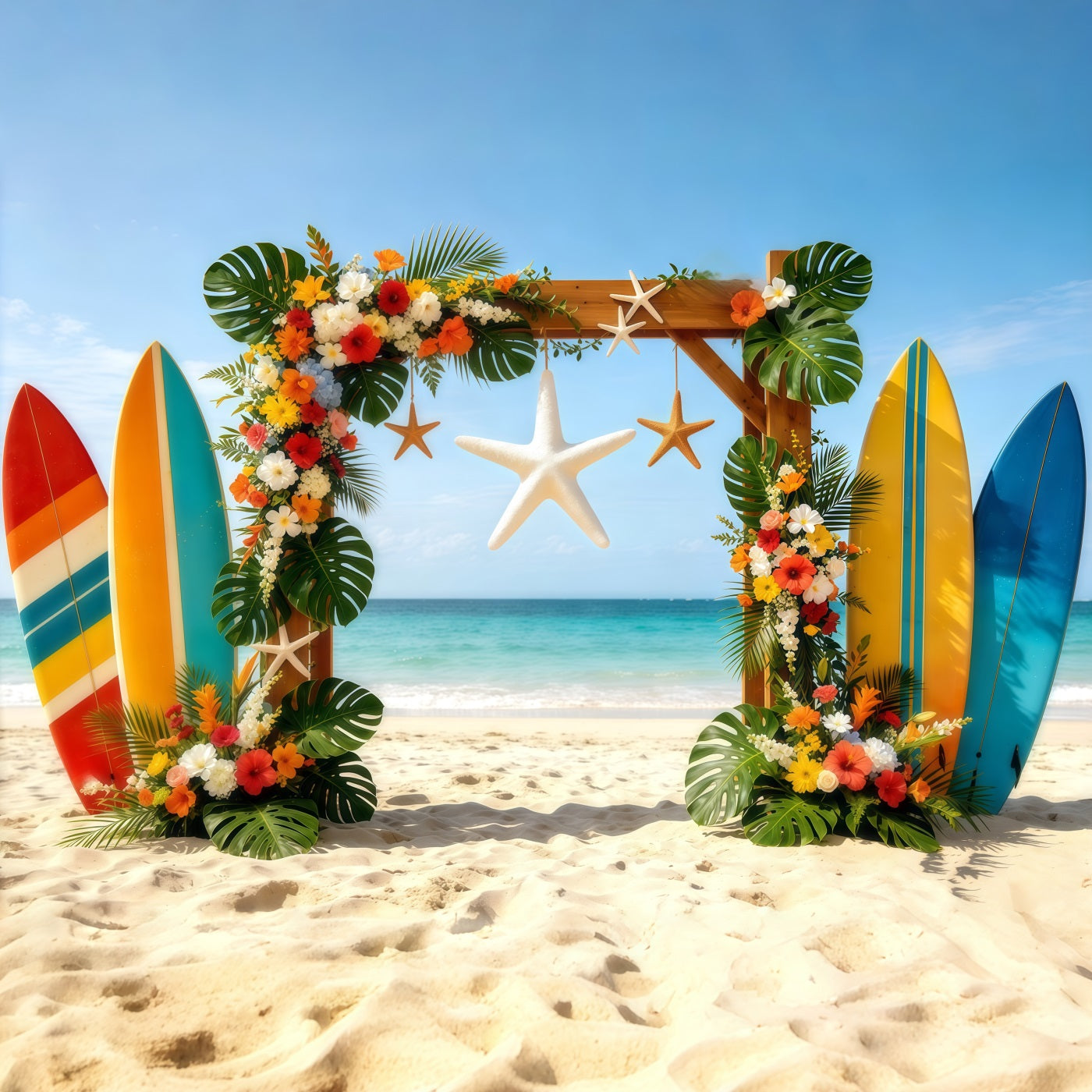 Beach Backdrop Tropical Surfboard Floral Starfish Arch Summer Photo Backdrop UK CSH64-86