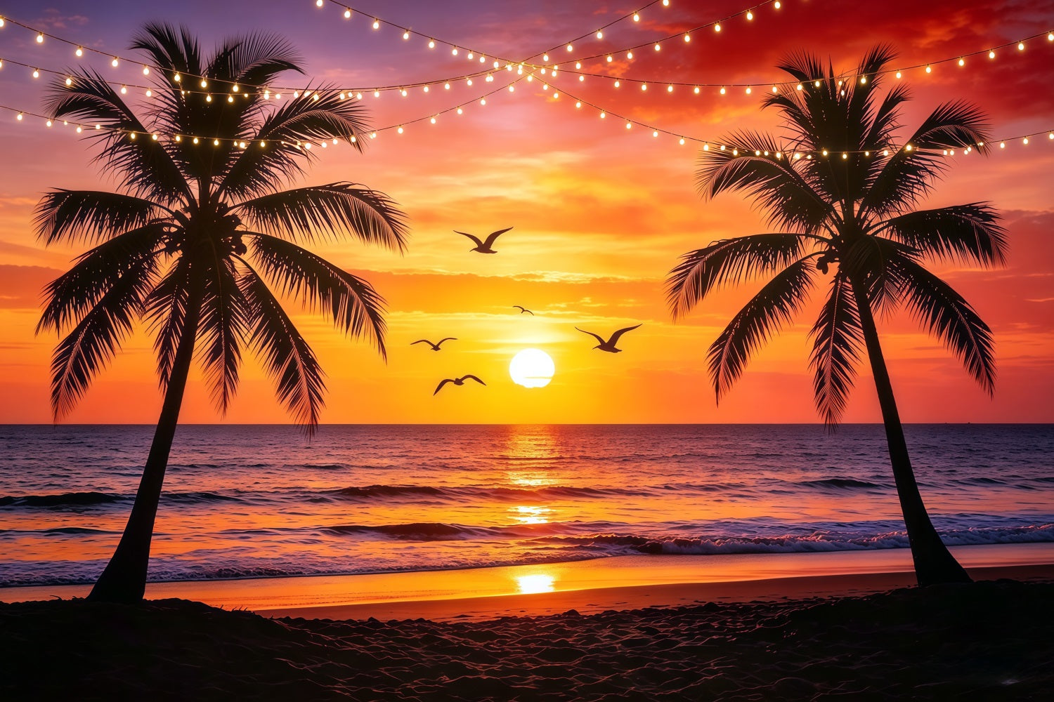 Beach Backdrop Sunset Palm String Light Sea Beach Backdrop For Photos UK CSH64-87