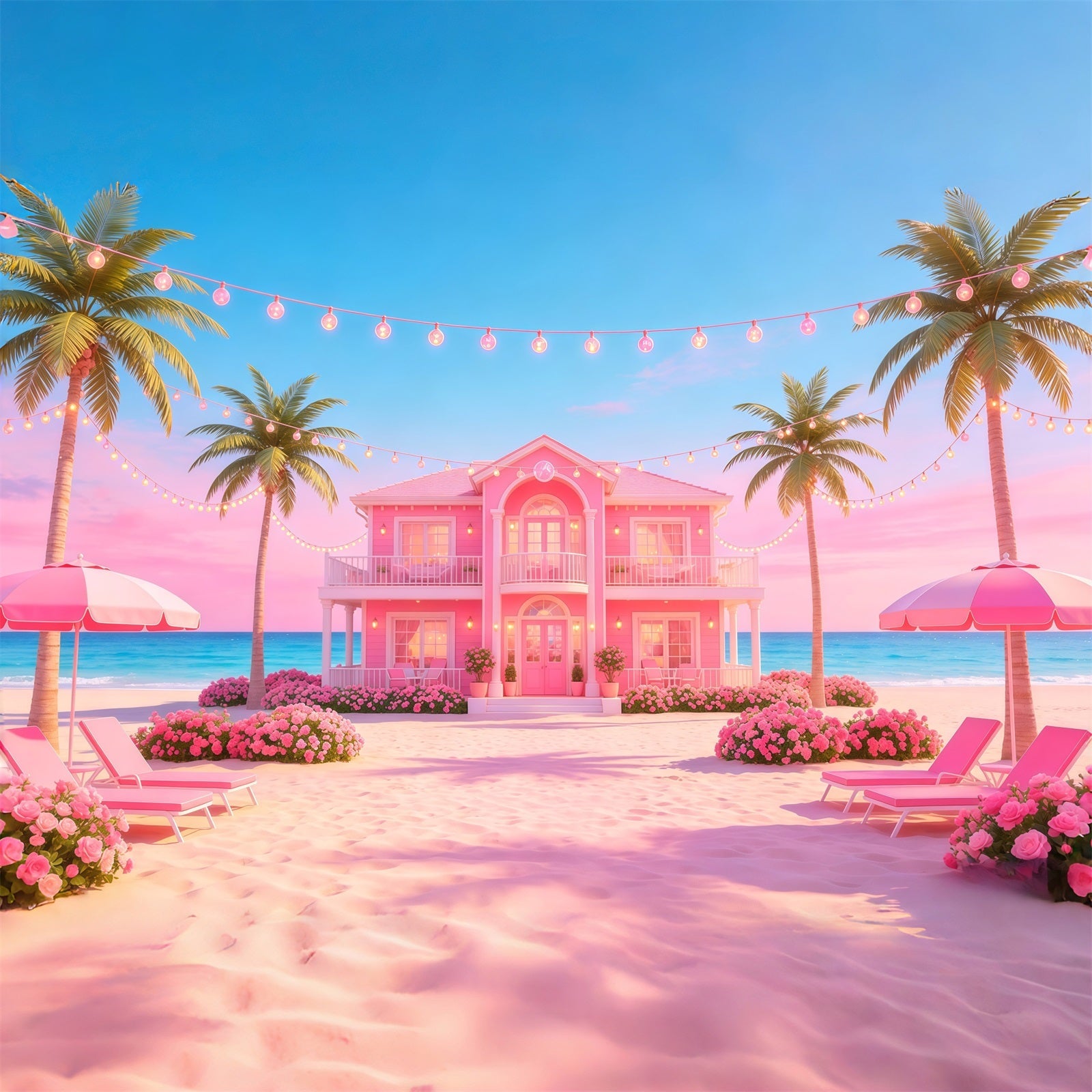 Beach Backdrop Pink Coastal Villa String Lights Beach Photo Backdrop UK CSH64-92