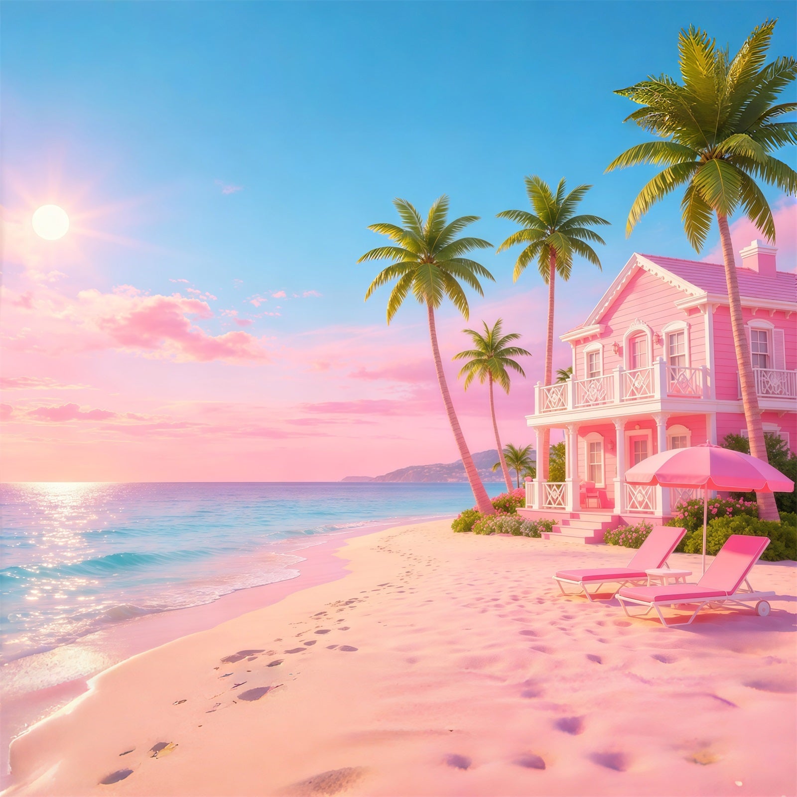 Beach Backdrop Pink Sea House Ocean Escape Beach Photo Backdrop UK CSH64-93