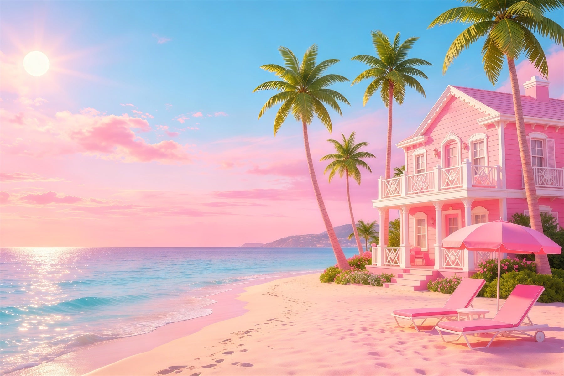 Beach Backdrop Pink Sea House Ocean Escape Beach Photo Backdrop UK CSH64-93