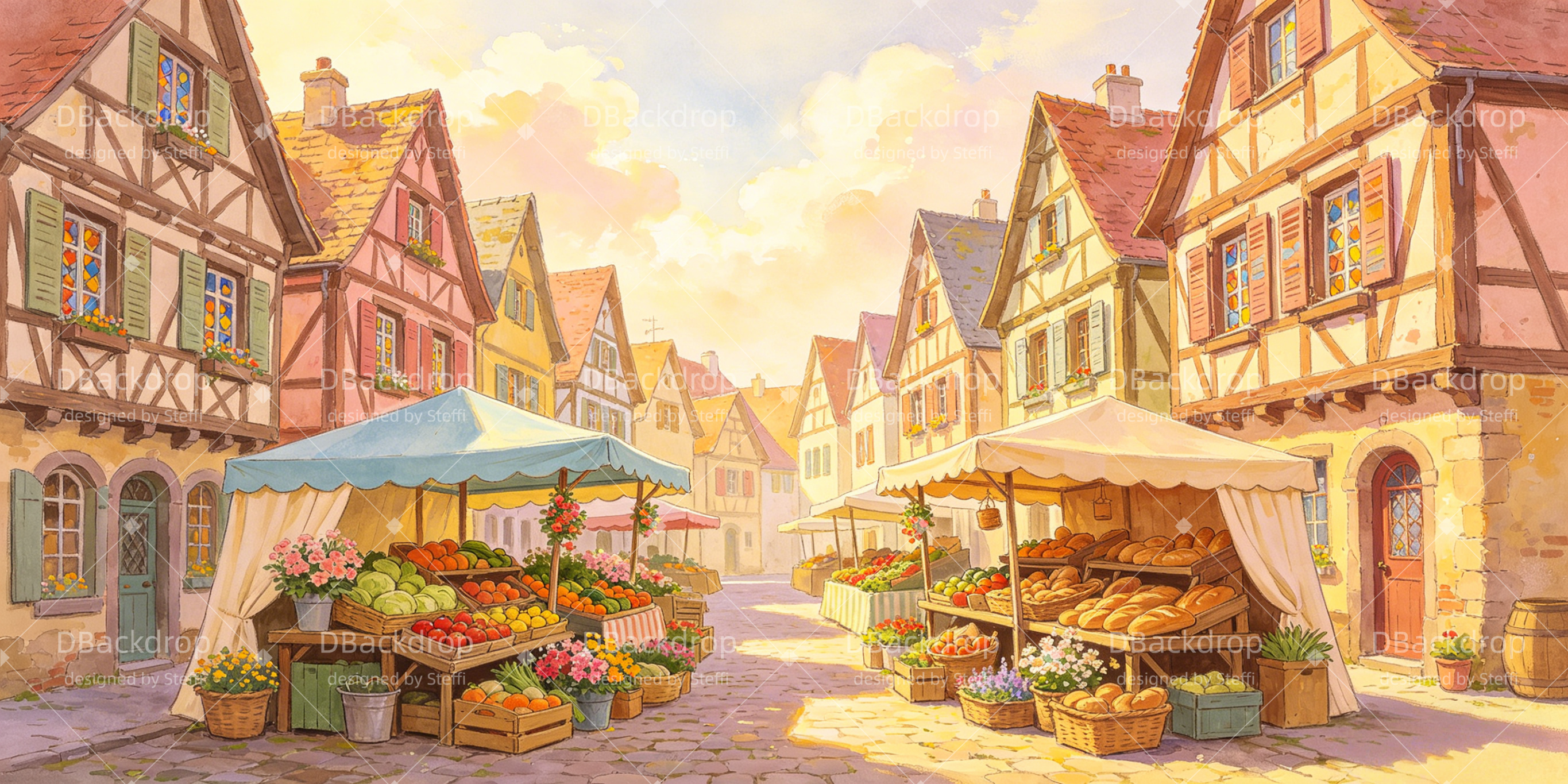 Farmers Market Backdrop Pastel Town Bakery Street VBS Backdrops UK CSH64-T6