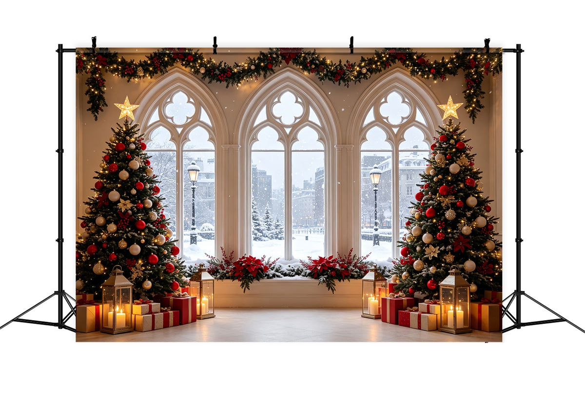 Christmas Window Backdrop Snowy Gothic Window Trees Large Christmas Backdrops UK CSH68-61