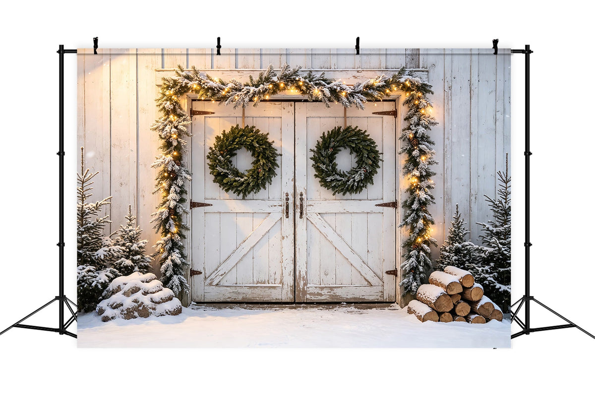 Barn Door Christmas Backdrop Snowy Barn Door Garland Wall Christmas Backdrop UK CSH68-79