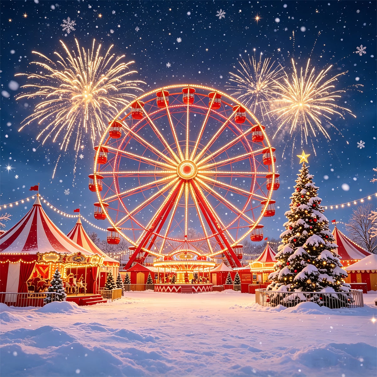 Christmas Backdrop For Party Snowy Ferris Wheel Fireworks Christmas Party Backdrop UK CSH69-105