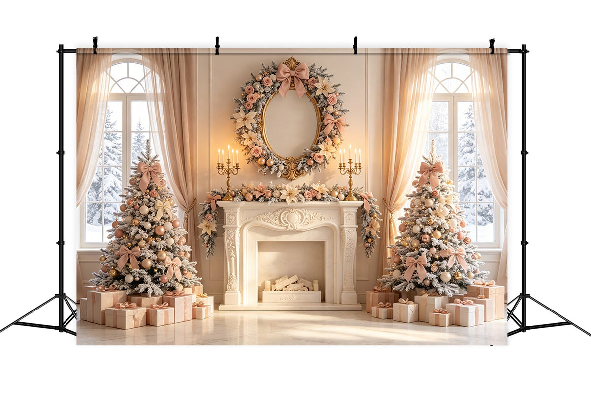 Elegant Christmas Backdrop Blush Floral Fireplace Decor Photo Christmas Backdrop UK CSH69-11
