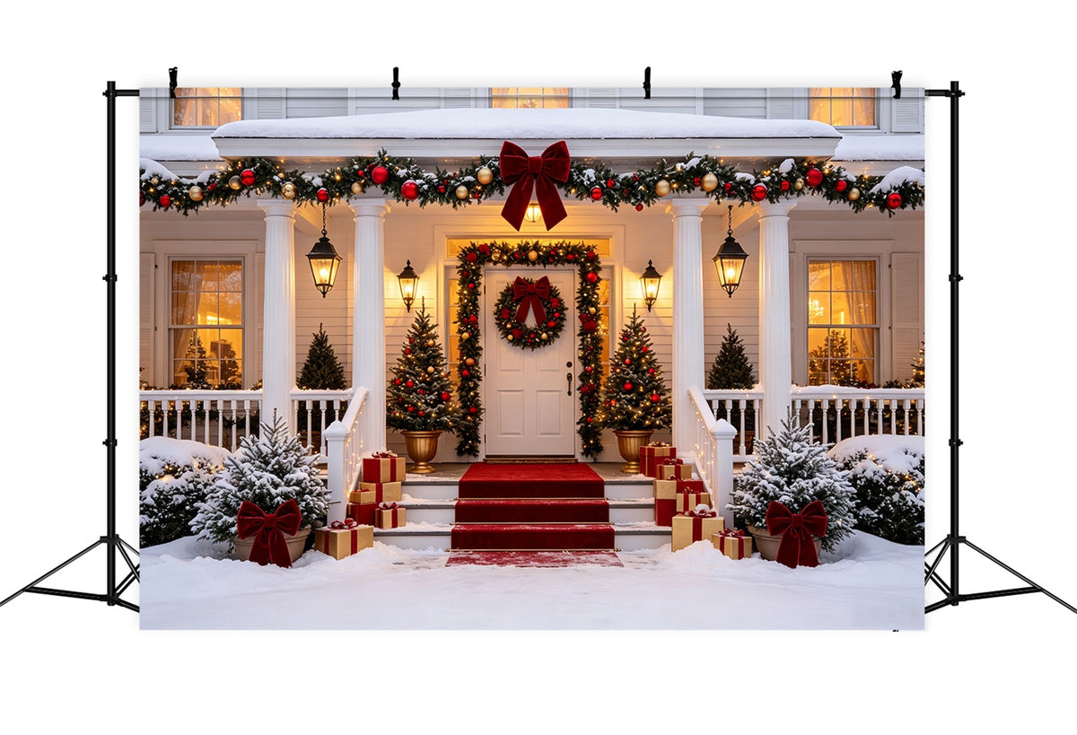 Christmas House Backdrop Elegant Snowy Porch Entrance Wall Christmas Backdrop UK CSH69-16